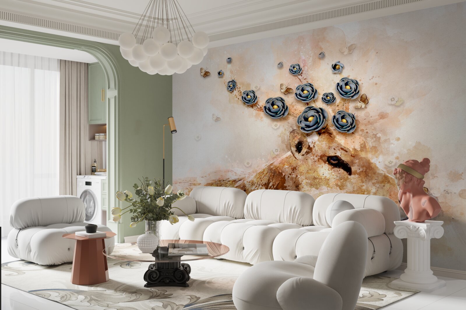 Fototapeta Elena je obklopená kvetmi na ružovom pozadí