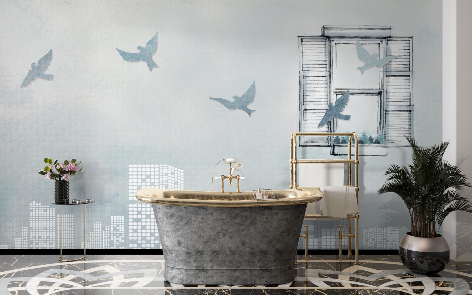 Fototapeta vtáky lietajúce nad veľkým mestom