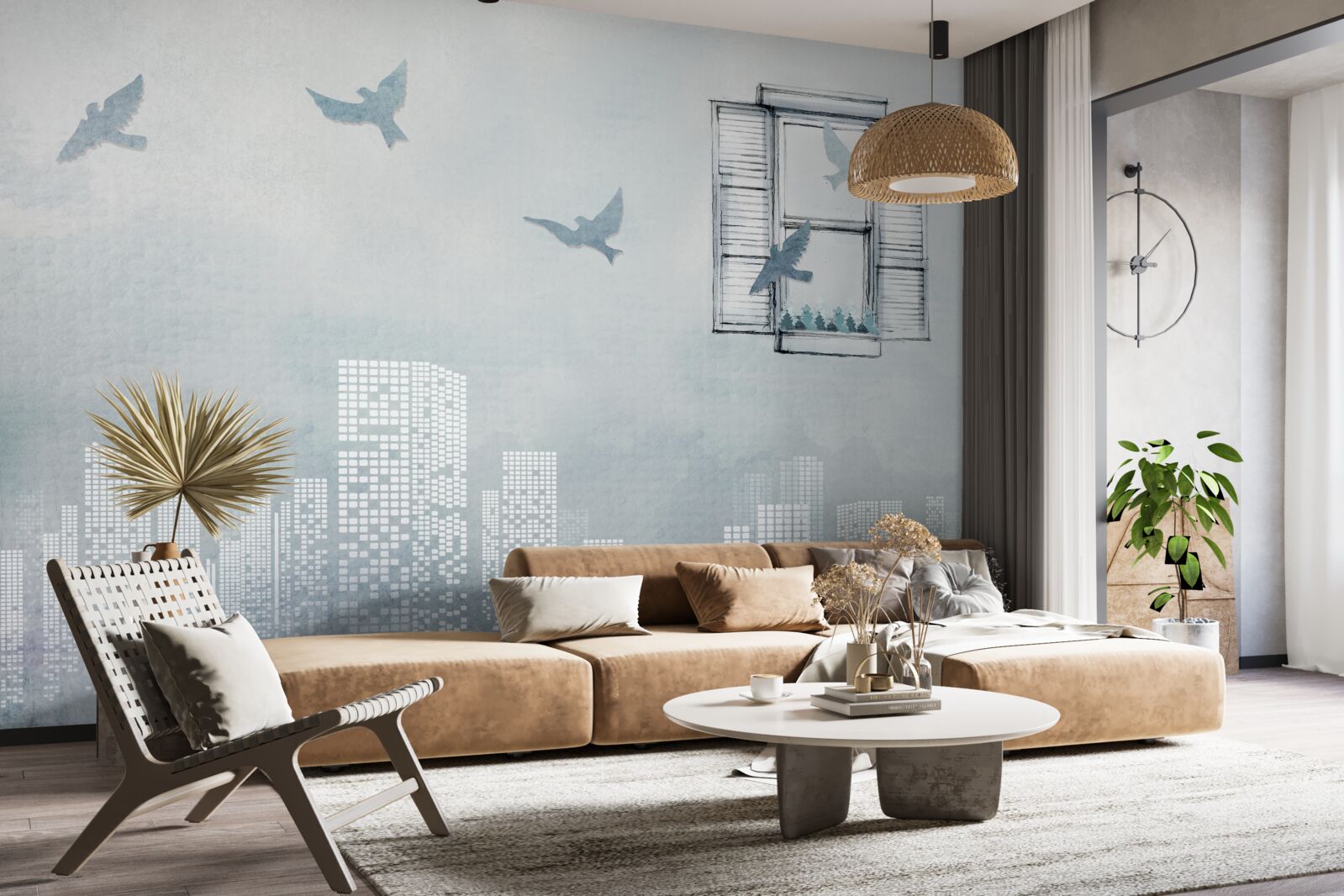 Fototapeta vtáky lietajúce nad veľkým mestom