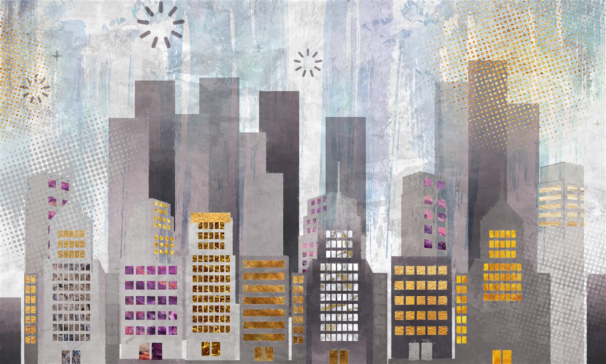 Fototapeta mesto pokryté sivou farbou so žiariacimi zlatými svetlami