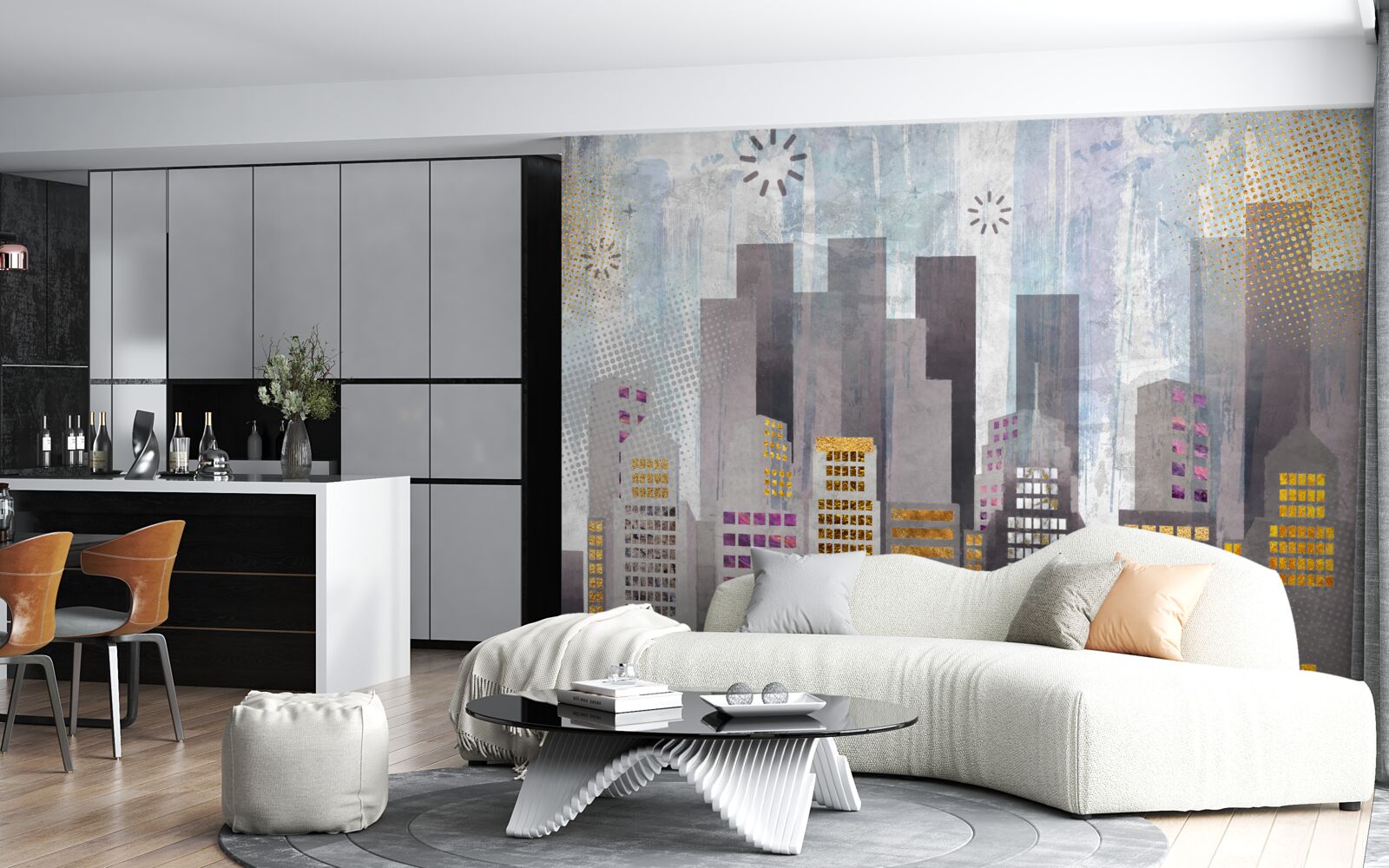 Fototapeta mesto pokryté sivou farbou so žiariacimi zlatými svetlami