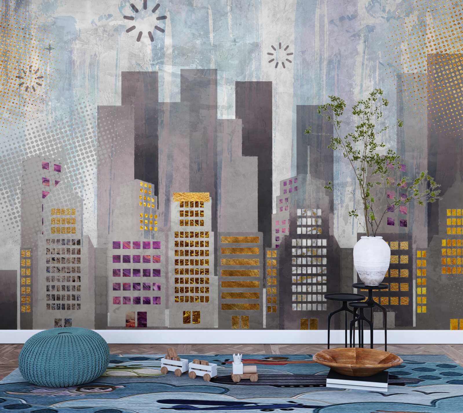 Fototapeta mesto pokryté sivou farbou so žiariacimi zlatými svetlami