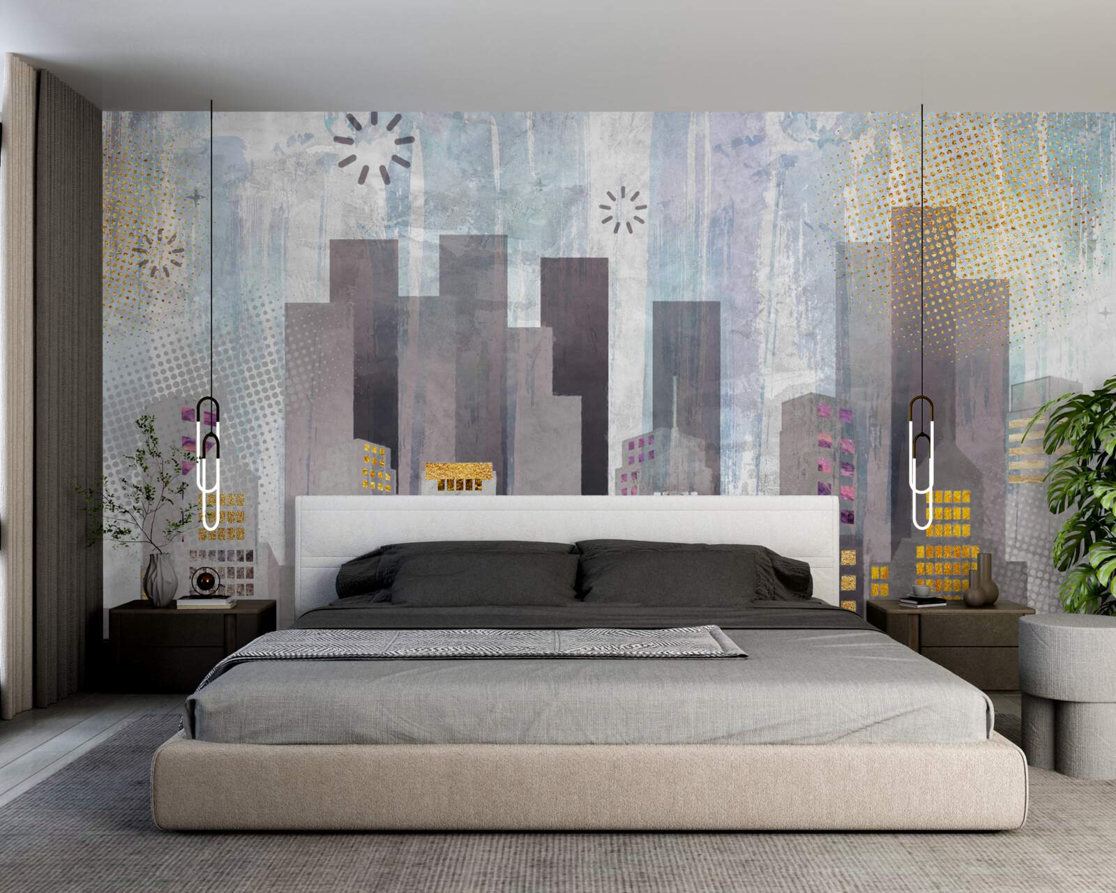 Fototapeta mesto pokryté sivou farbou so žiariacimi zlatými svetlami