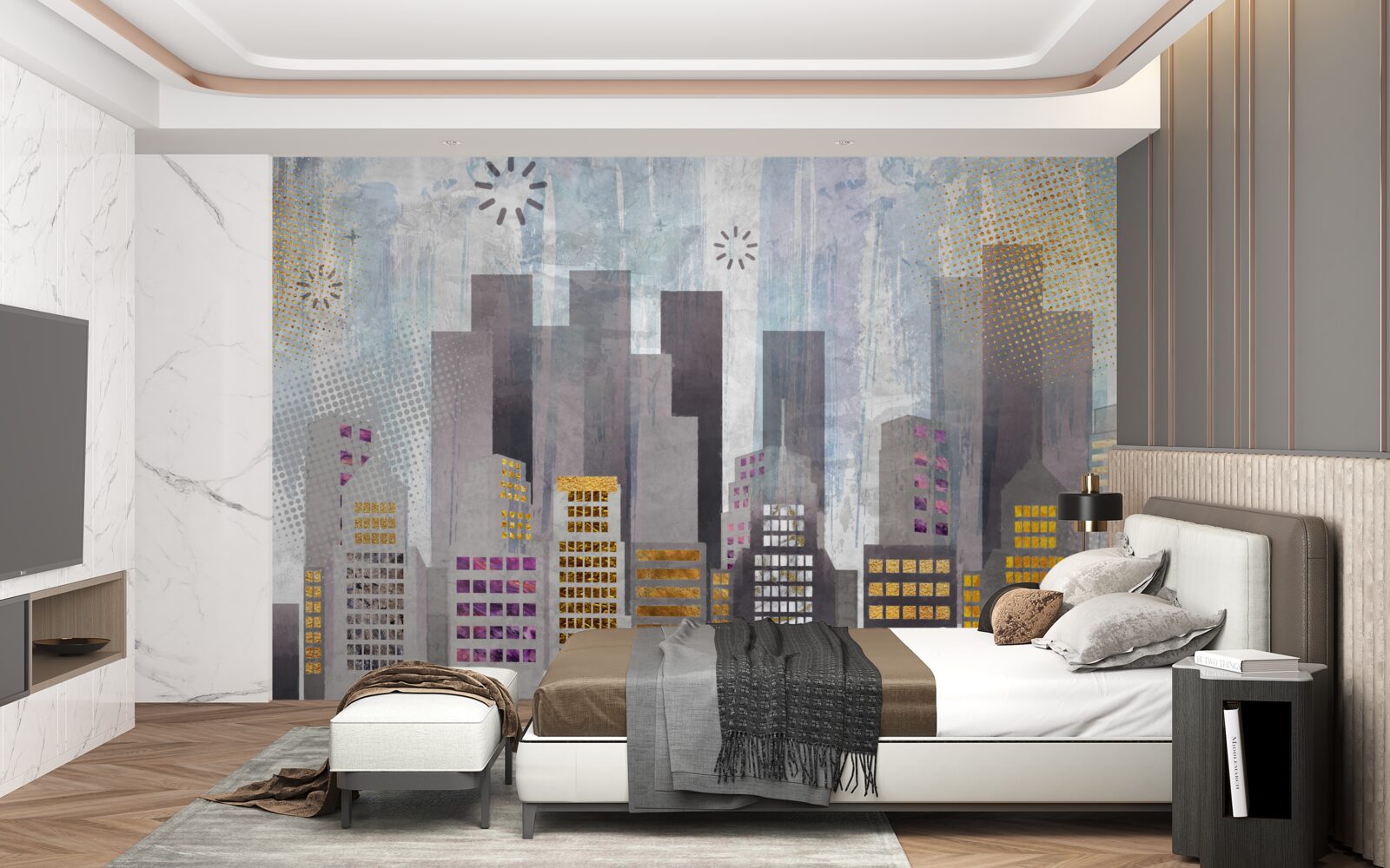 Fototapeta mesto pokryté sivou farbou so žiariacimi zlatými svetlami