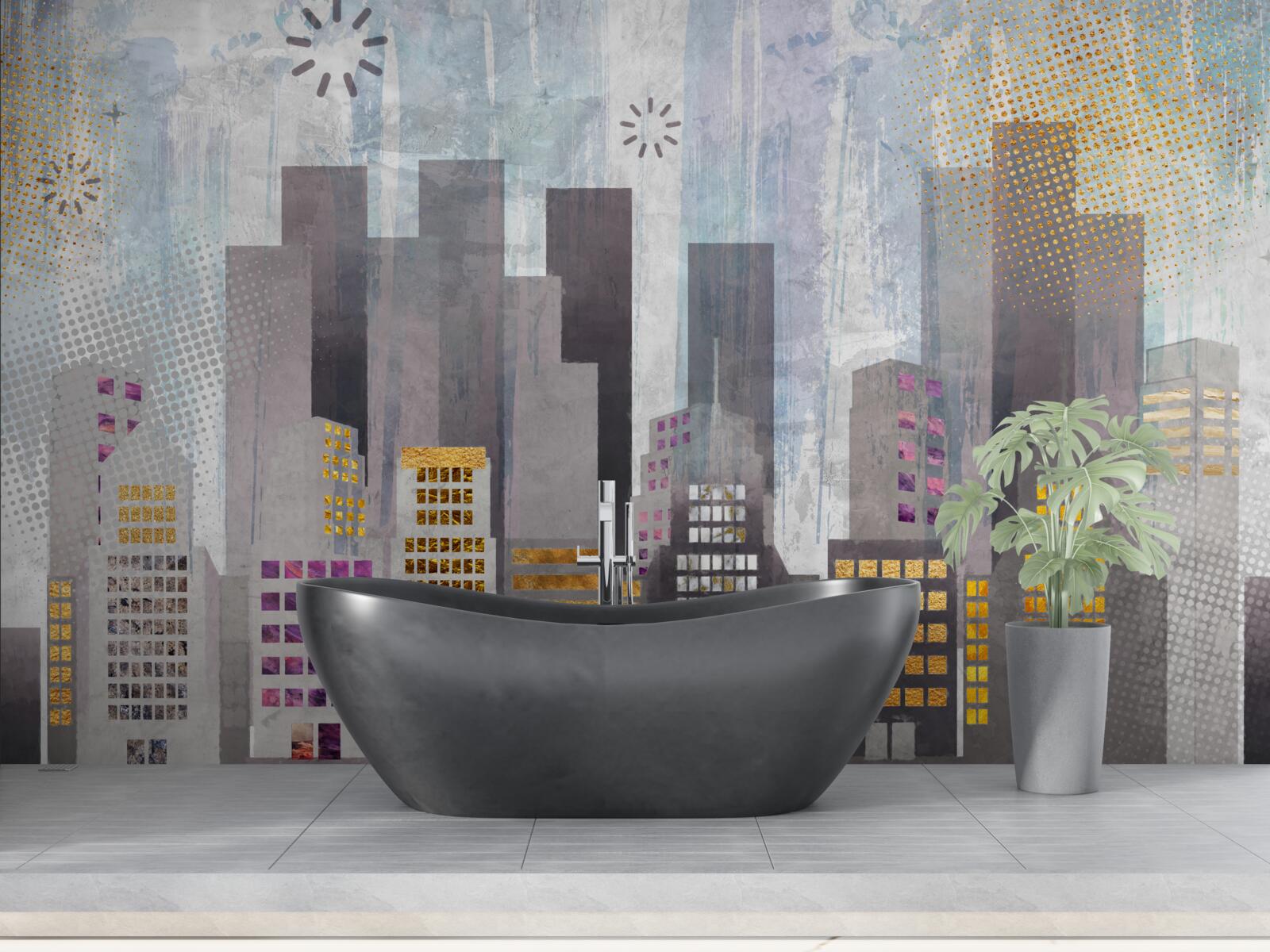 Fototapeta mesto pokryté sivou farbou so žiariacimi zlatými svetlami