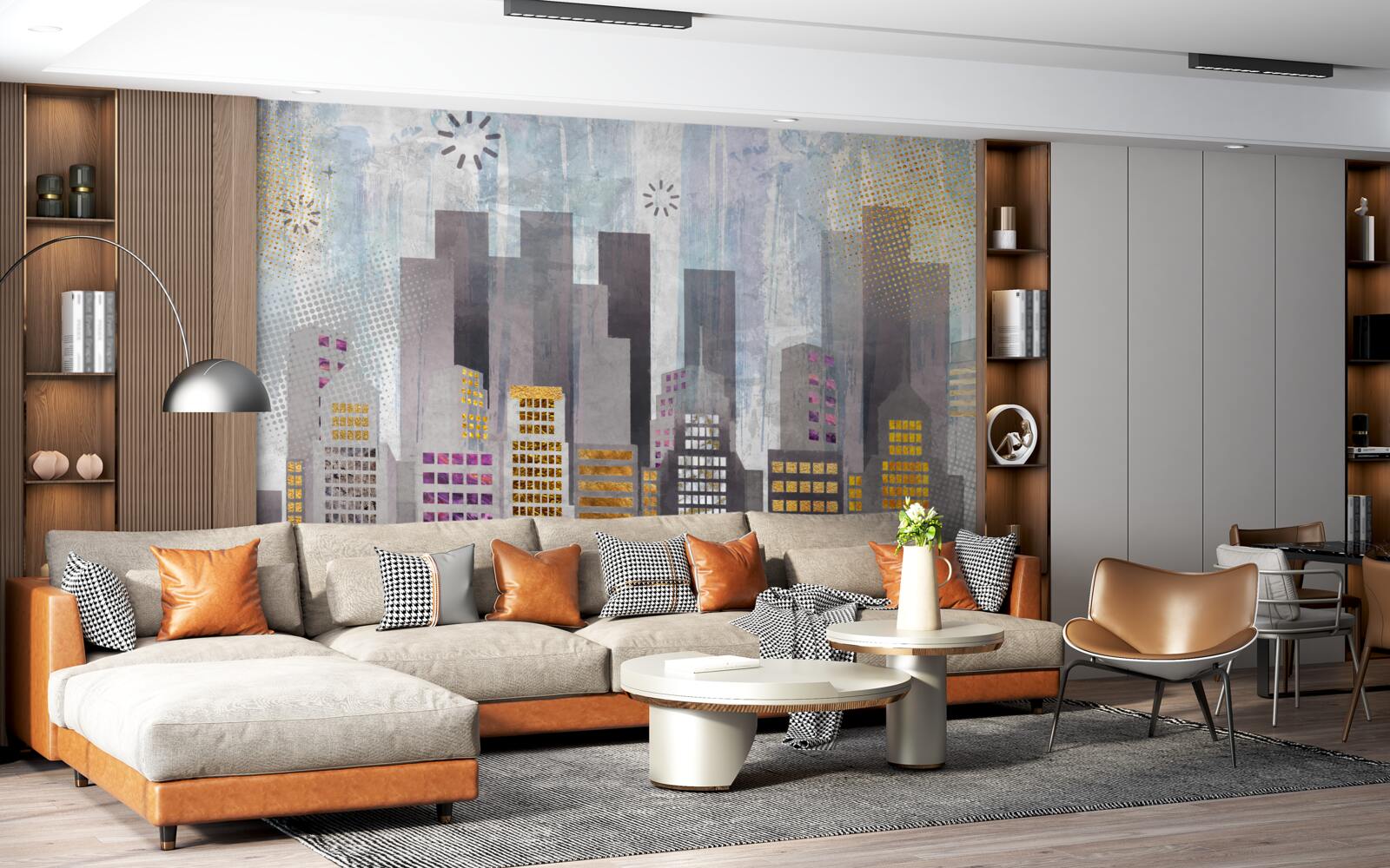 Fototapeta mesto pokryté sivou farbou so žiariacimi zlatými svetlami