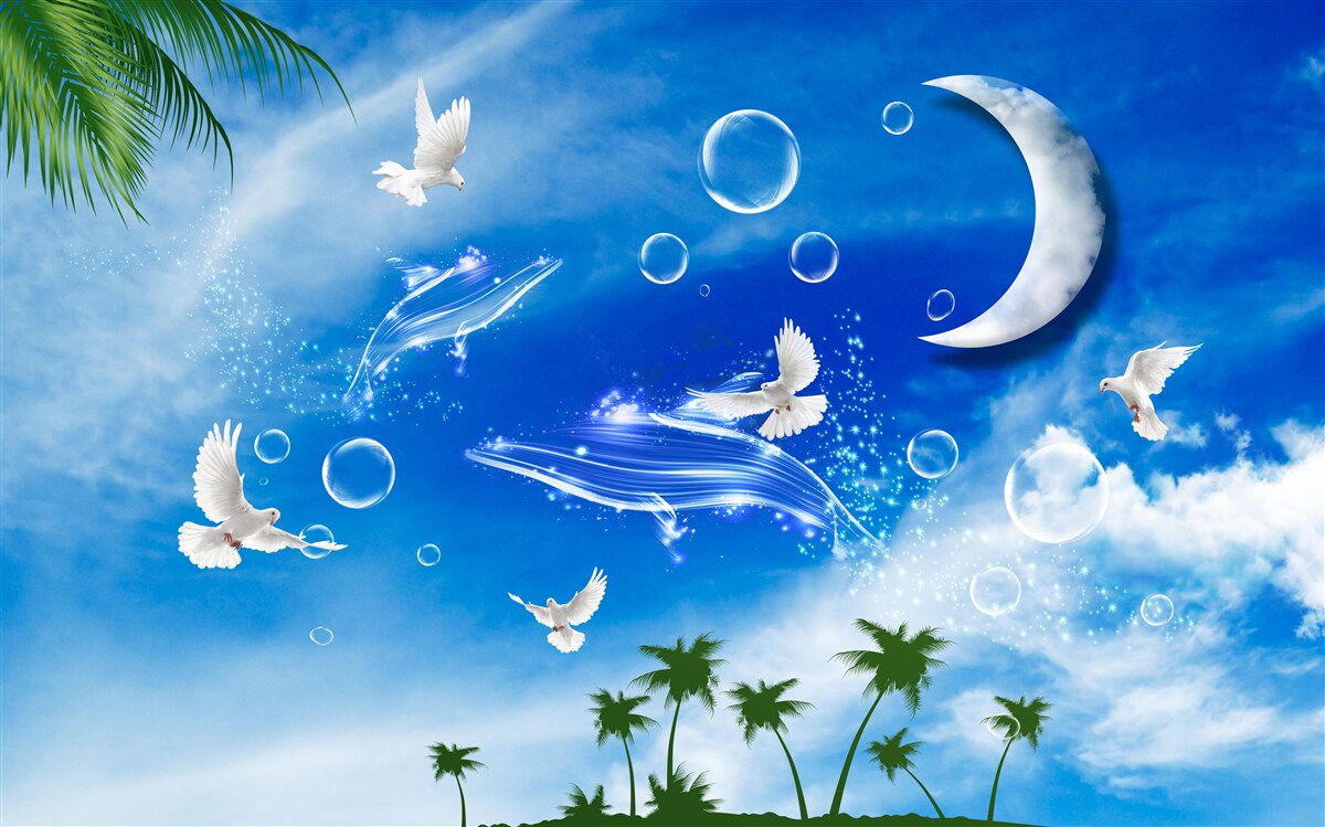 Fototapeta mesiac na dennej oblohe a holuby