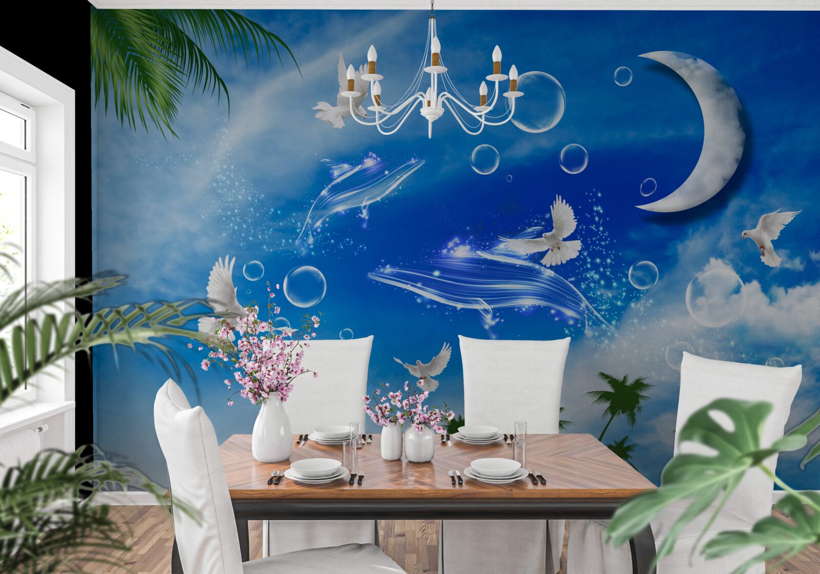 Fototapeta mesiac na dennej oblohe a holuby