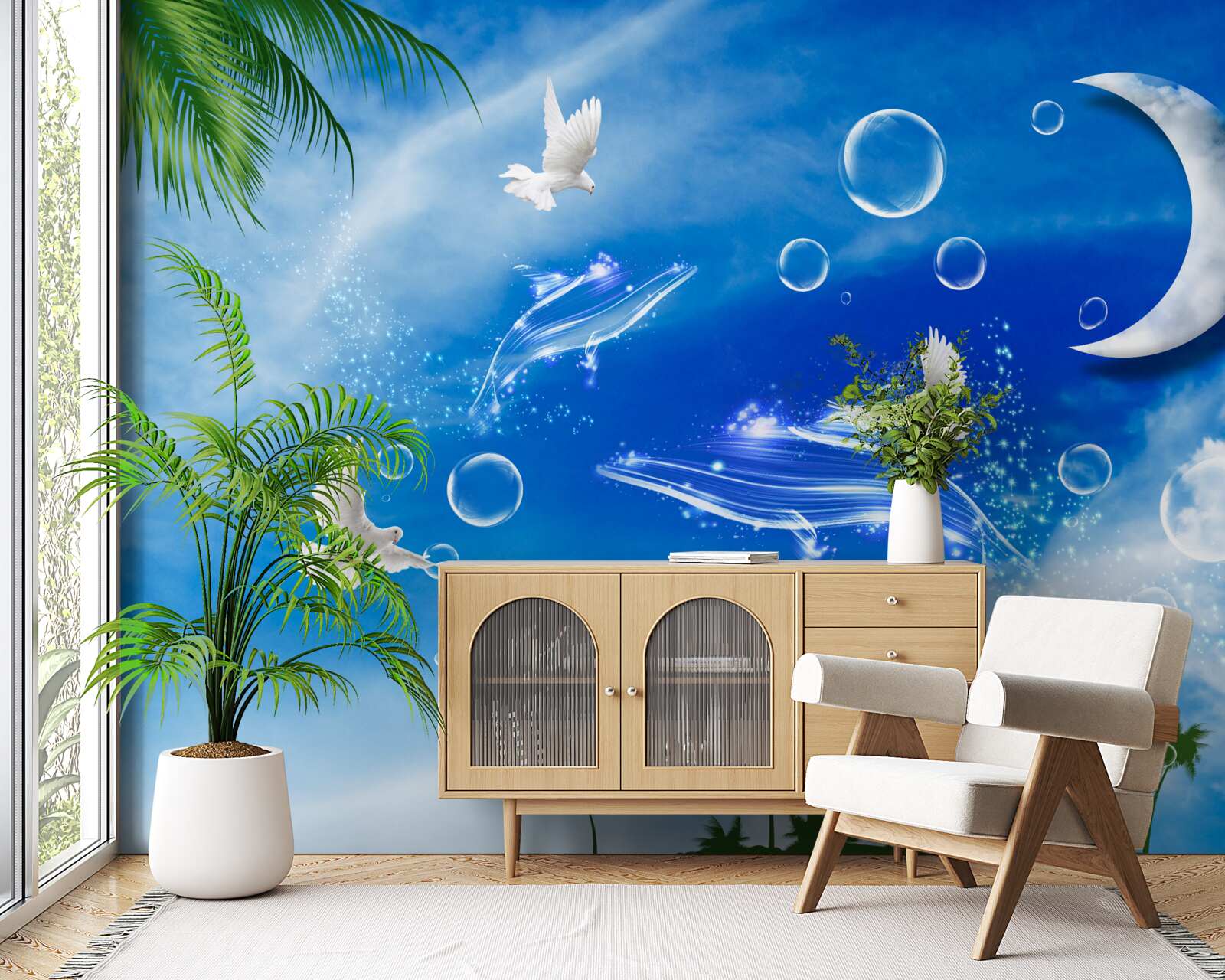 Fototapeta mesiac na dennej oblohe a holuby