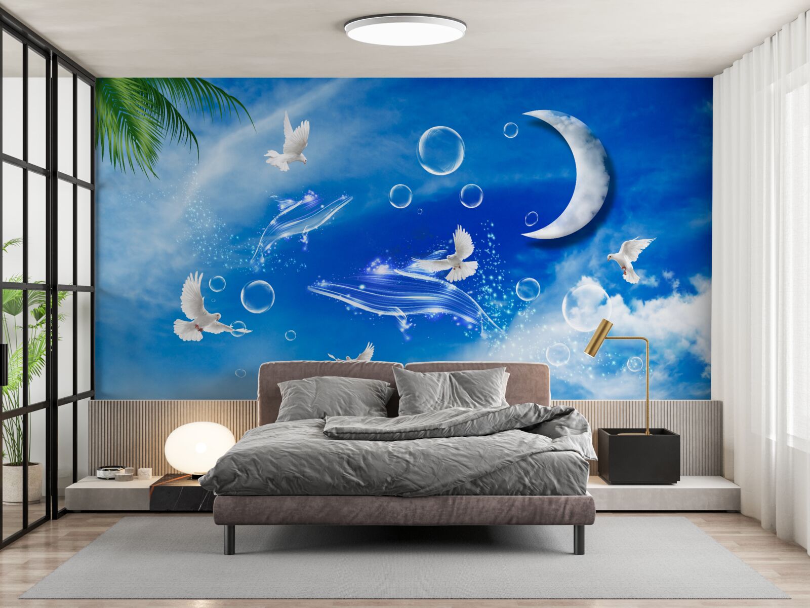 Fototapeta mesiac na dennej oblohe a holuby