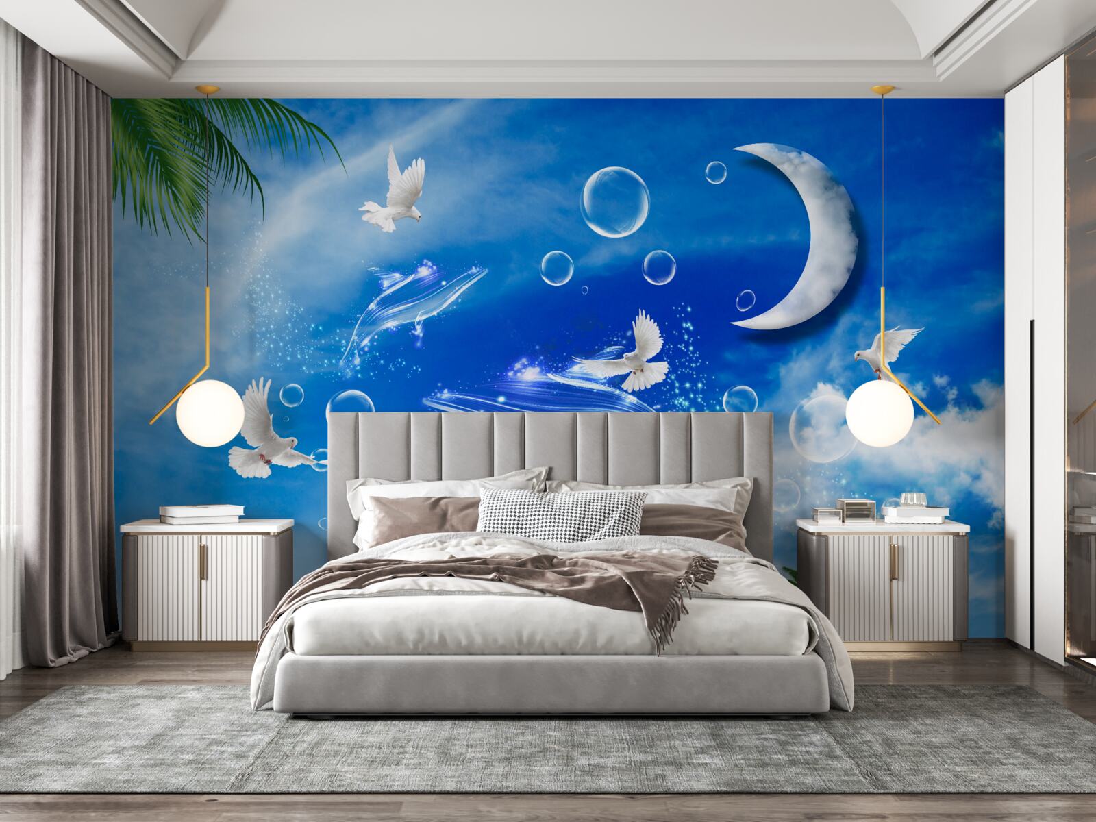 Fototapeta mesiac na dennej oblohe a holuby