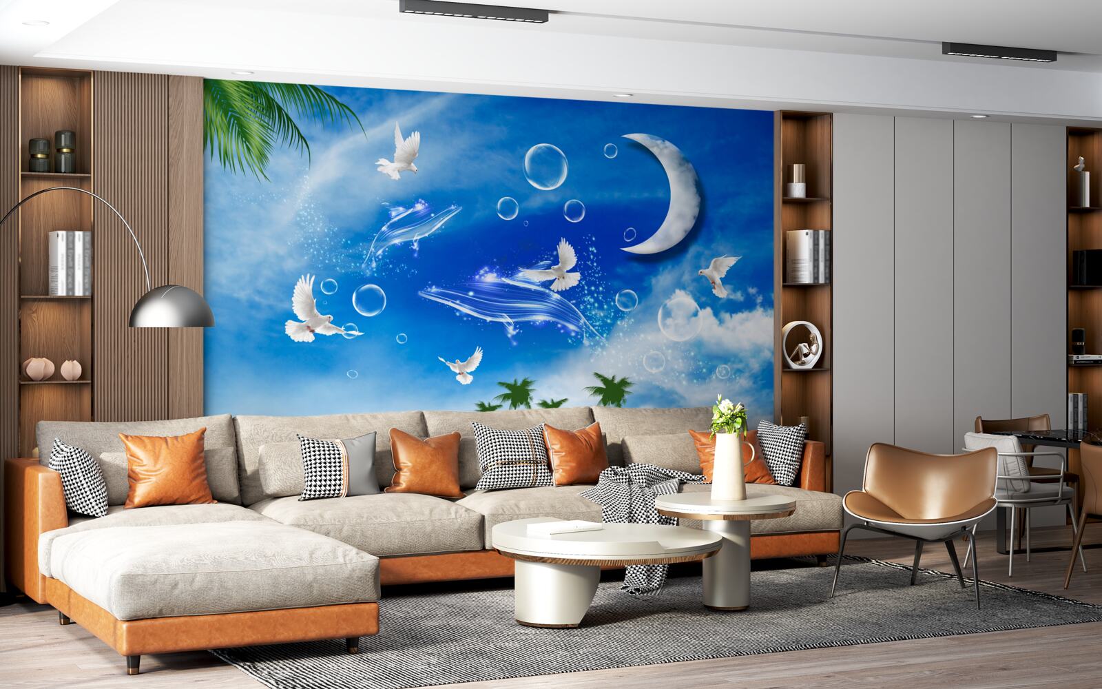 Fototapeta mesiac na dennej oblohe a holuby