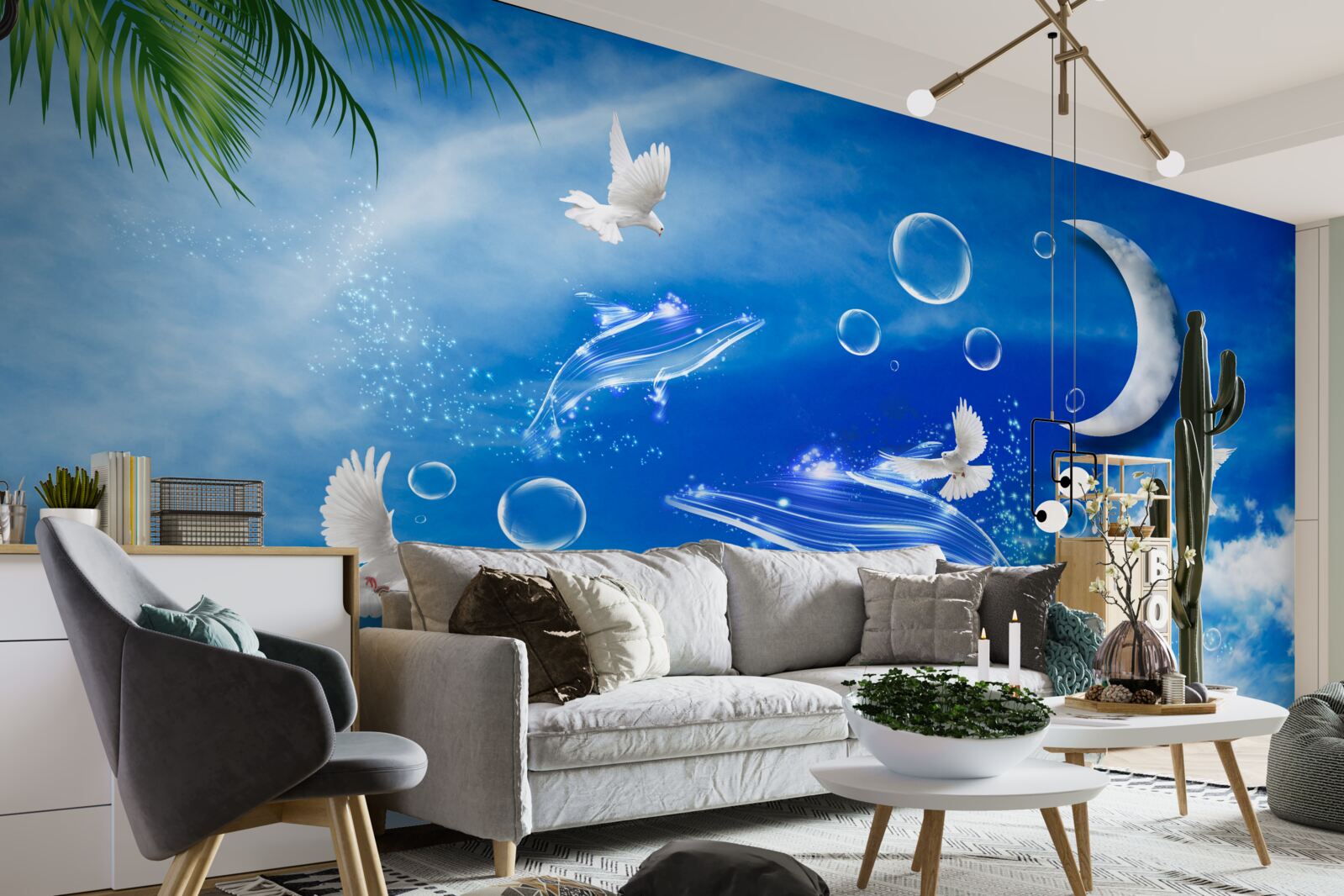 Fototapeta mesiac na dennej oblohe a holuby