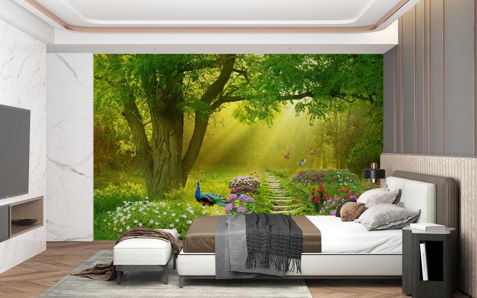 Fototapeta slnečné lúče ohrievajú les zahalený nočnou hmlou