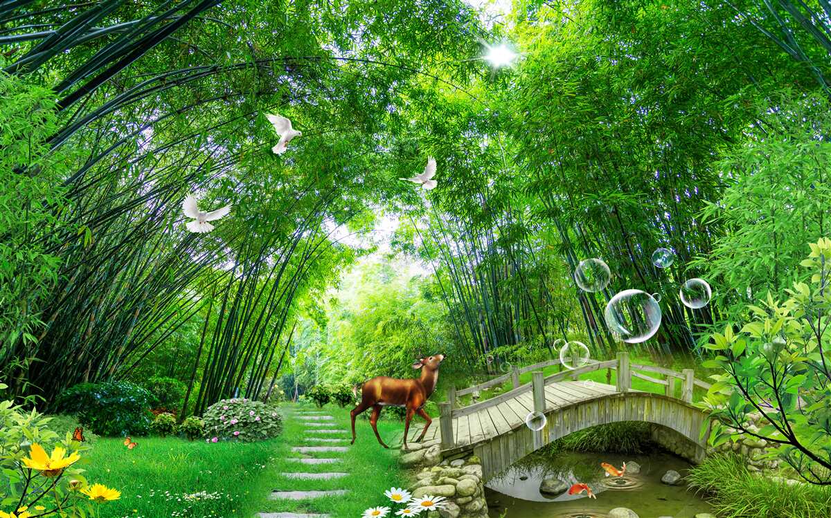 Fototapeta v zelenej húštine prechádza jeleň cez drevený priechod