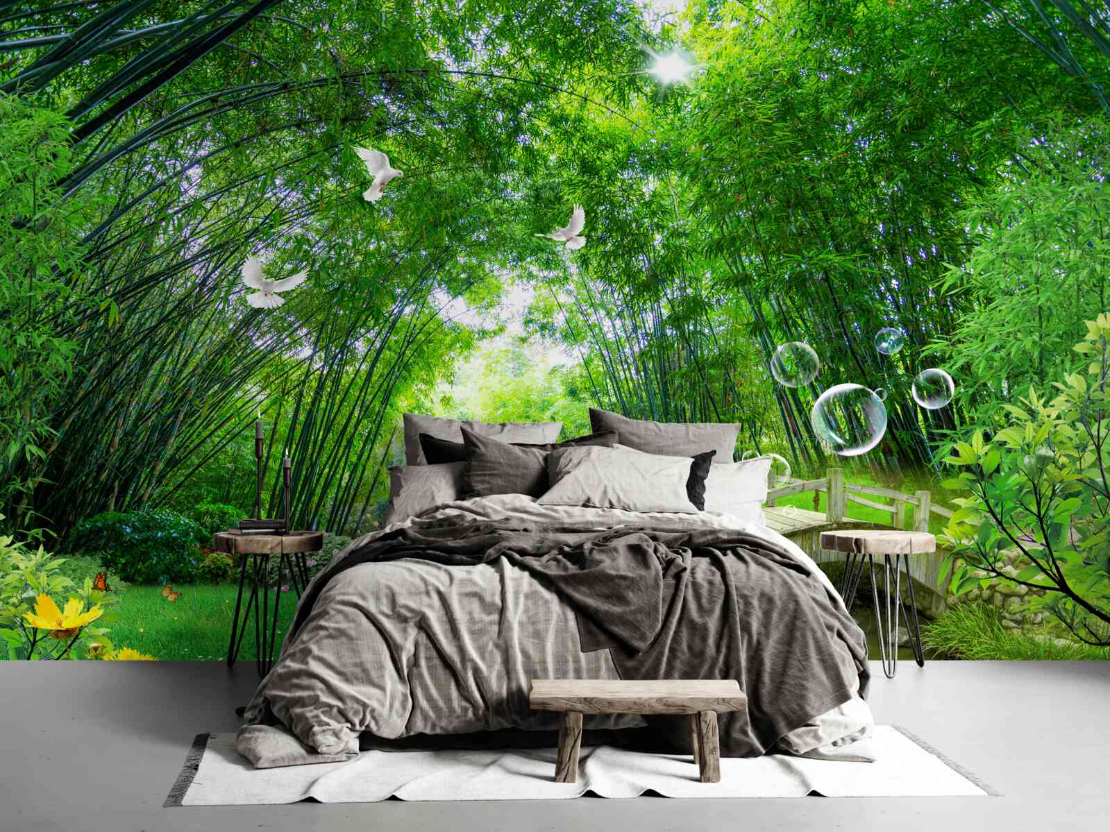 Fototapeta v zelenej húštine prechádza jeleň cez drevený priechod