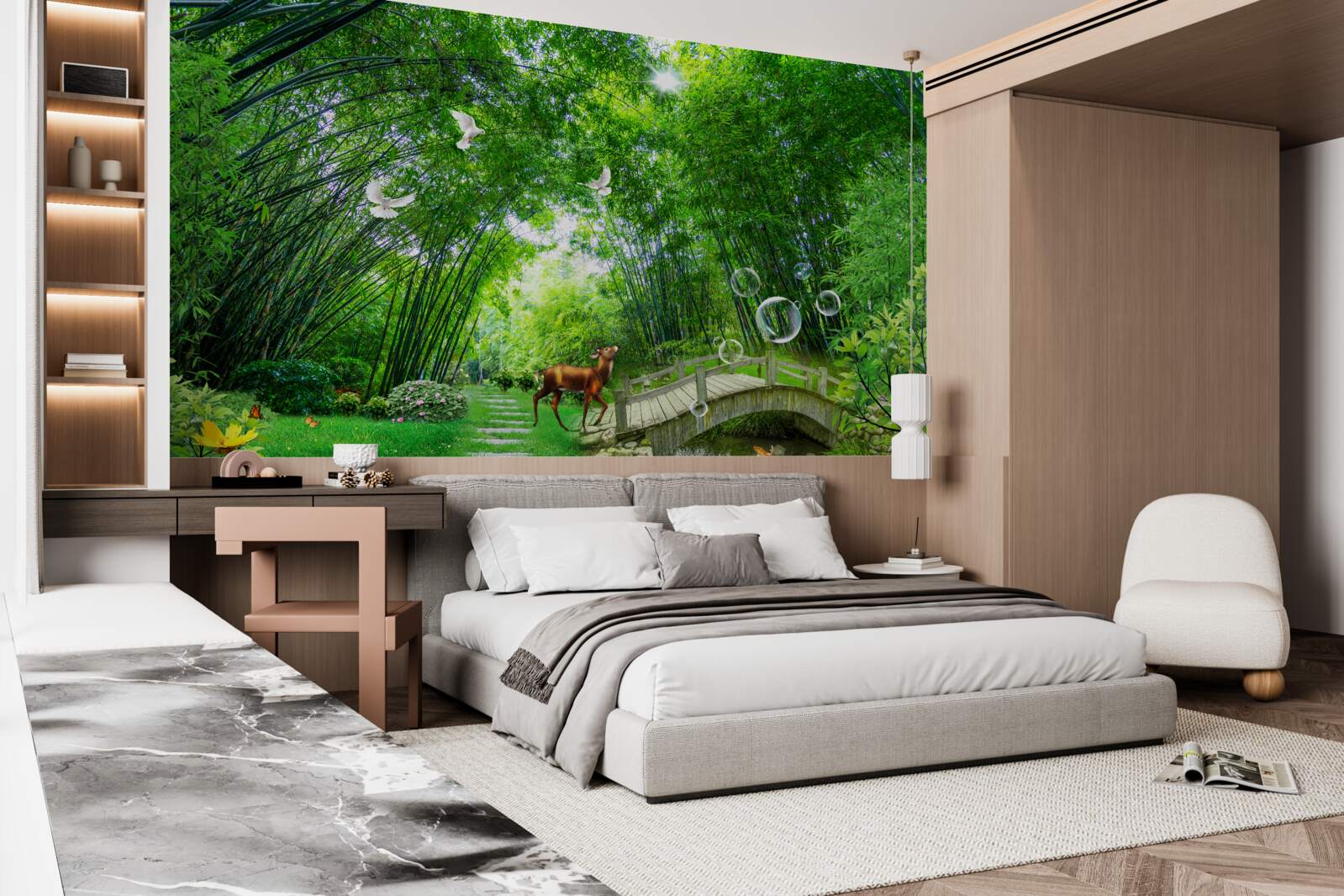 Fototapeta v zelenej húštine prechádza jeleň cez drevený priechod