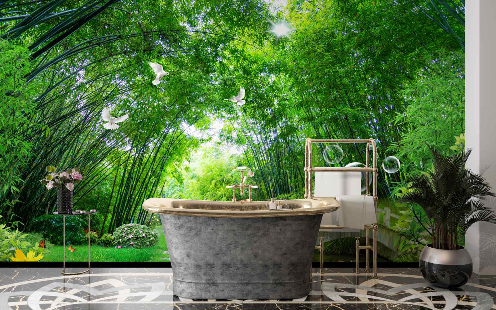 Fototapeta v zelenej húštine prechádza jeleň cez drevený priechod