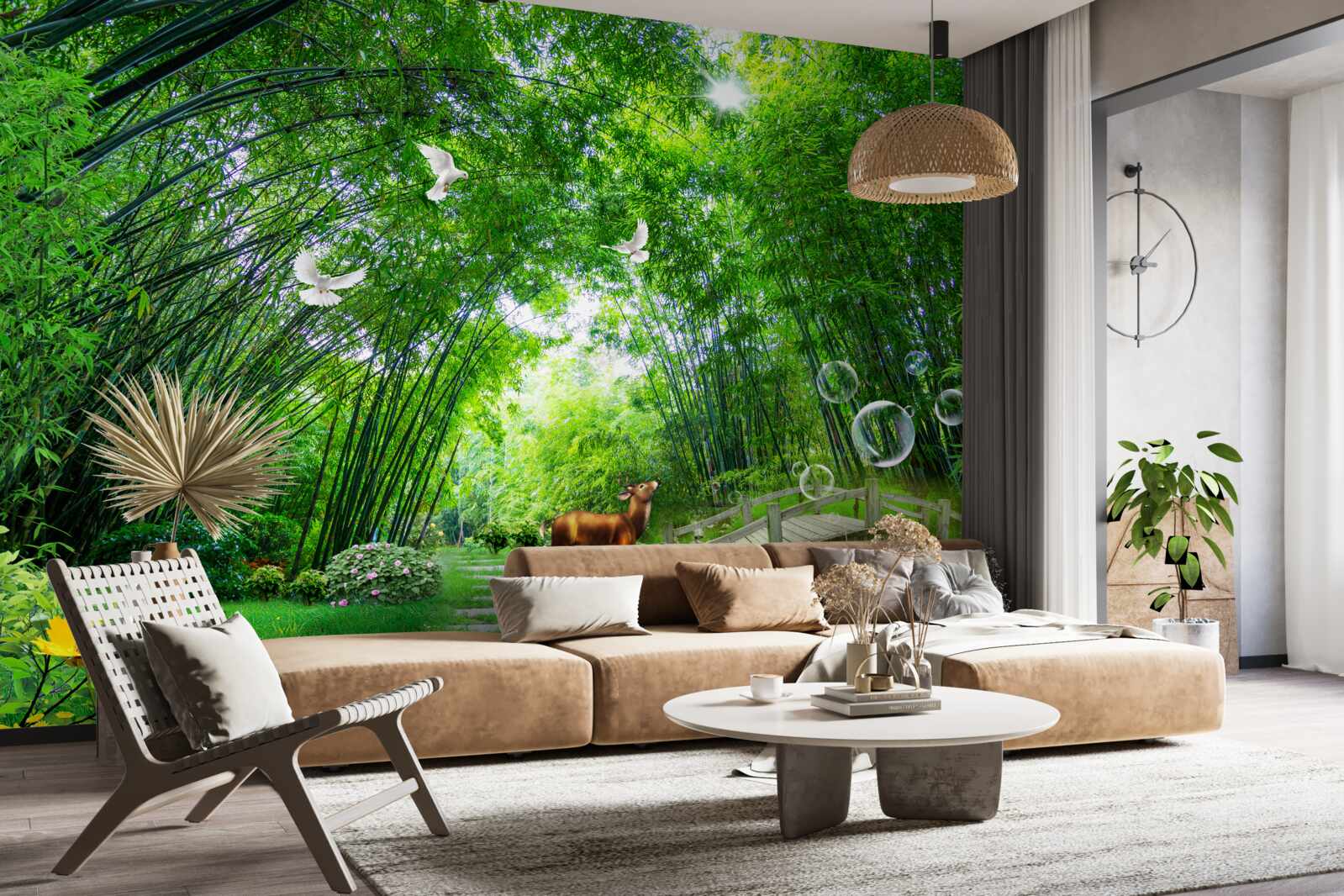 Fototapeta v zelenej húštine prechádza jeleň cez drevený priechod