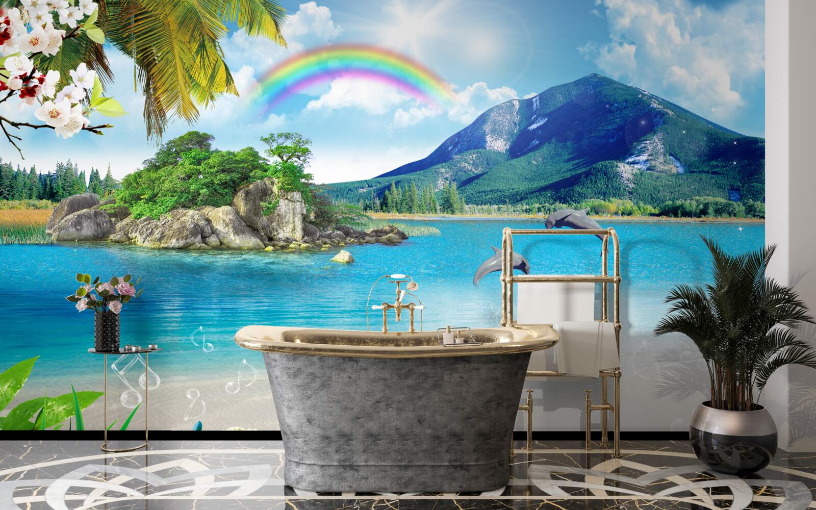 Fototapeta dúha svieti na brehu mora