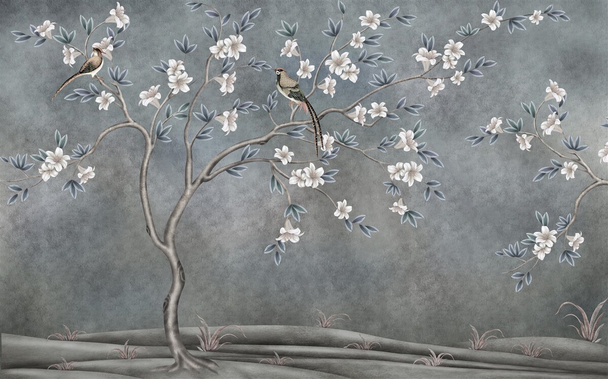 Fototapeta stromčeky s bielymi kvetmi zdobia vtáčiky