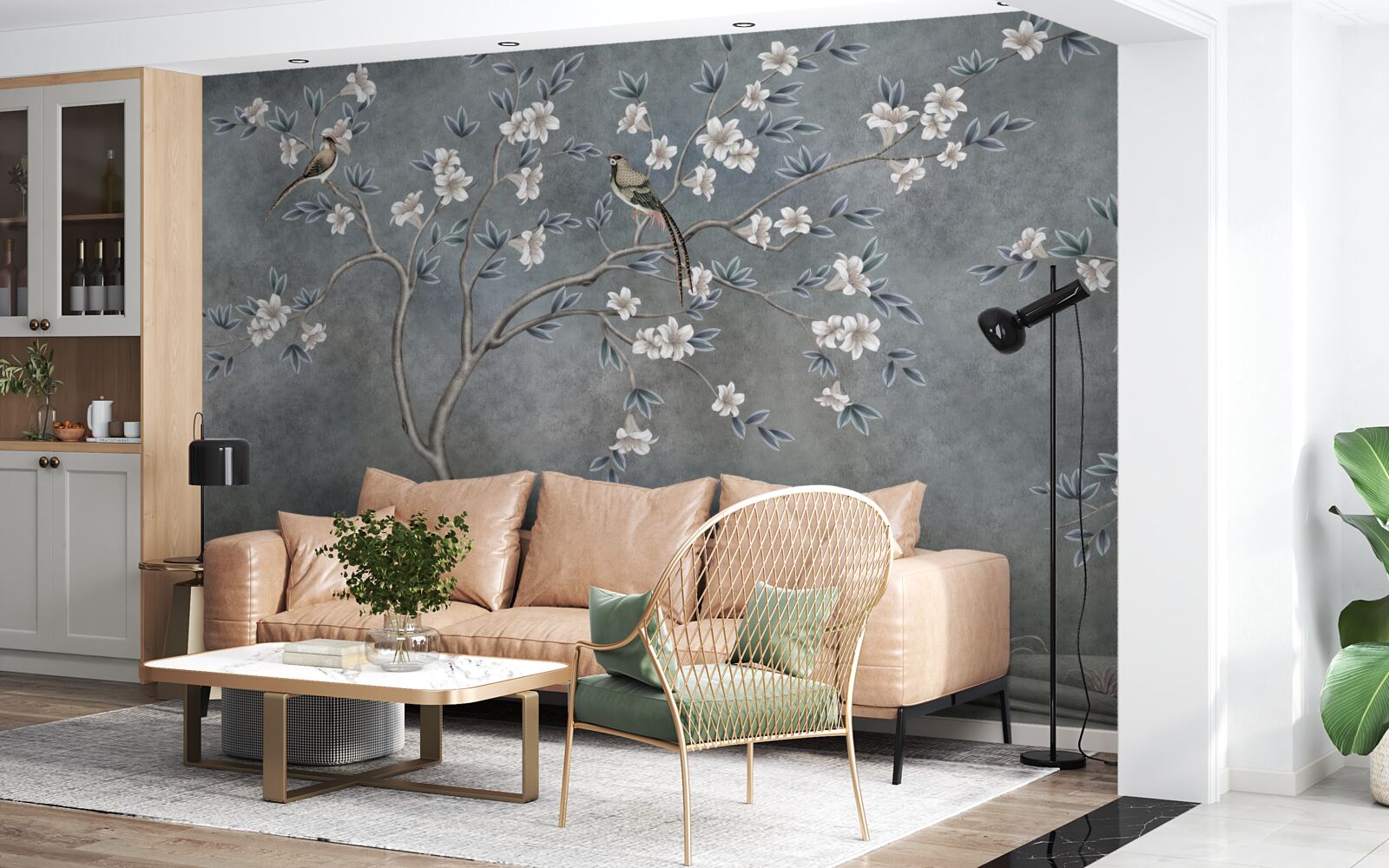 Fototapeta stromčeky s bielymi kvetmi zdobia vtáčiky