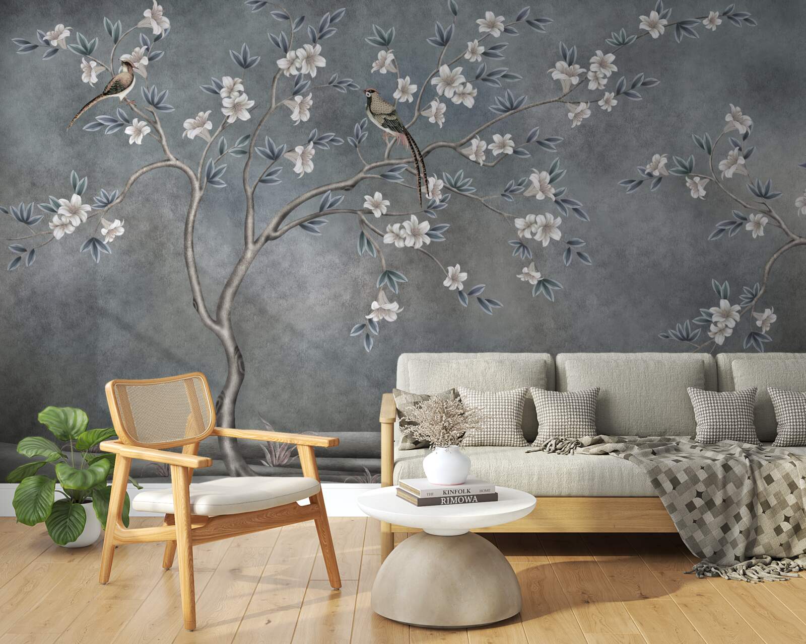 Fototapeta stromčeky s bielymi kvetmi zdobia vtáčiky