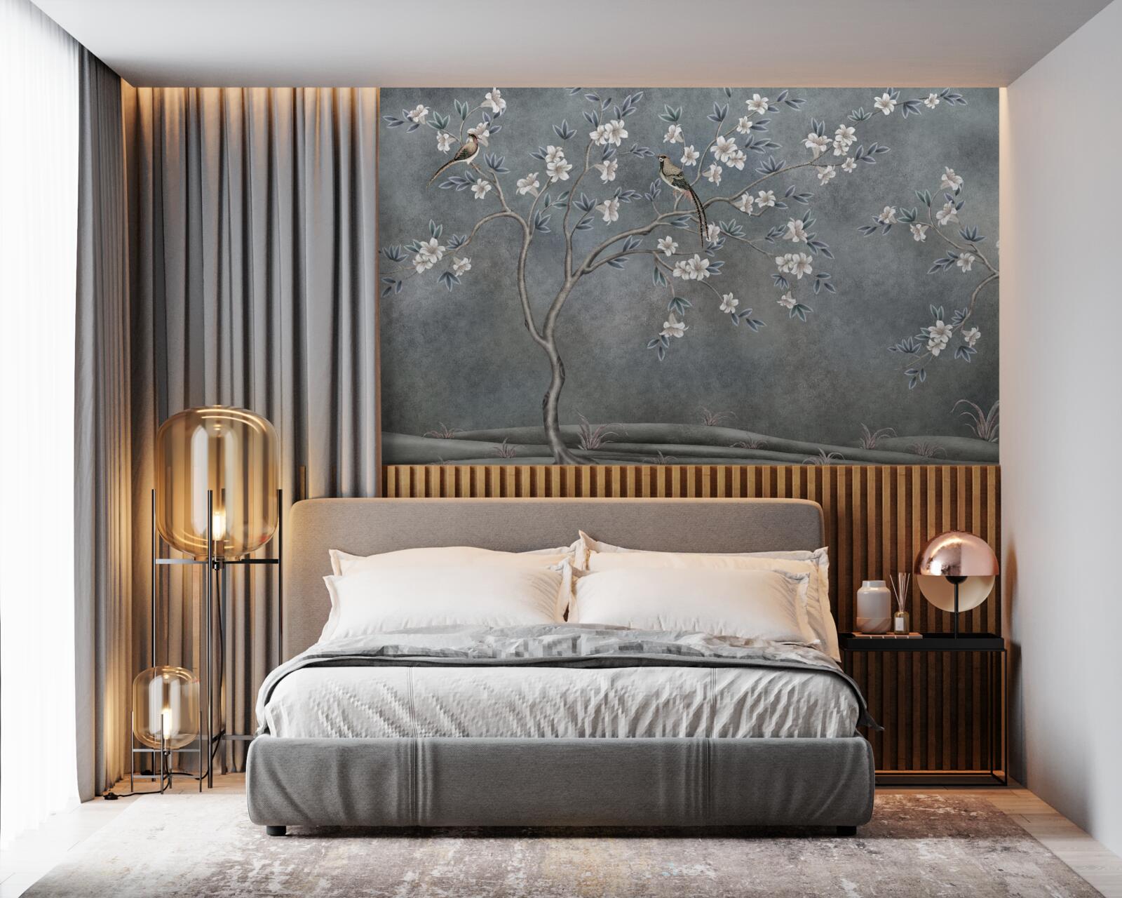 Fototapeta stromčeky s bielymi kvetmi zdobia vtáčiky