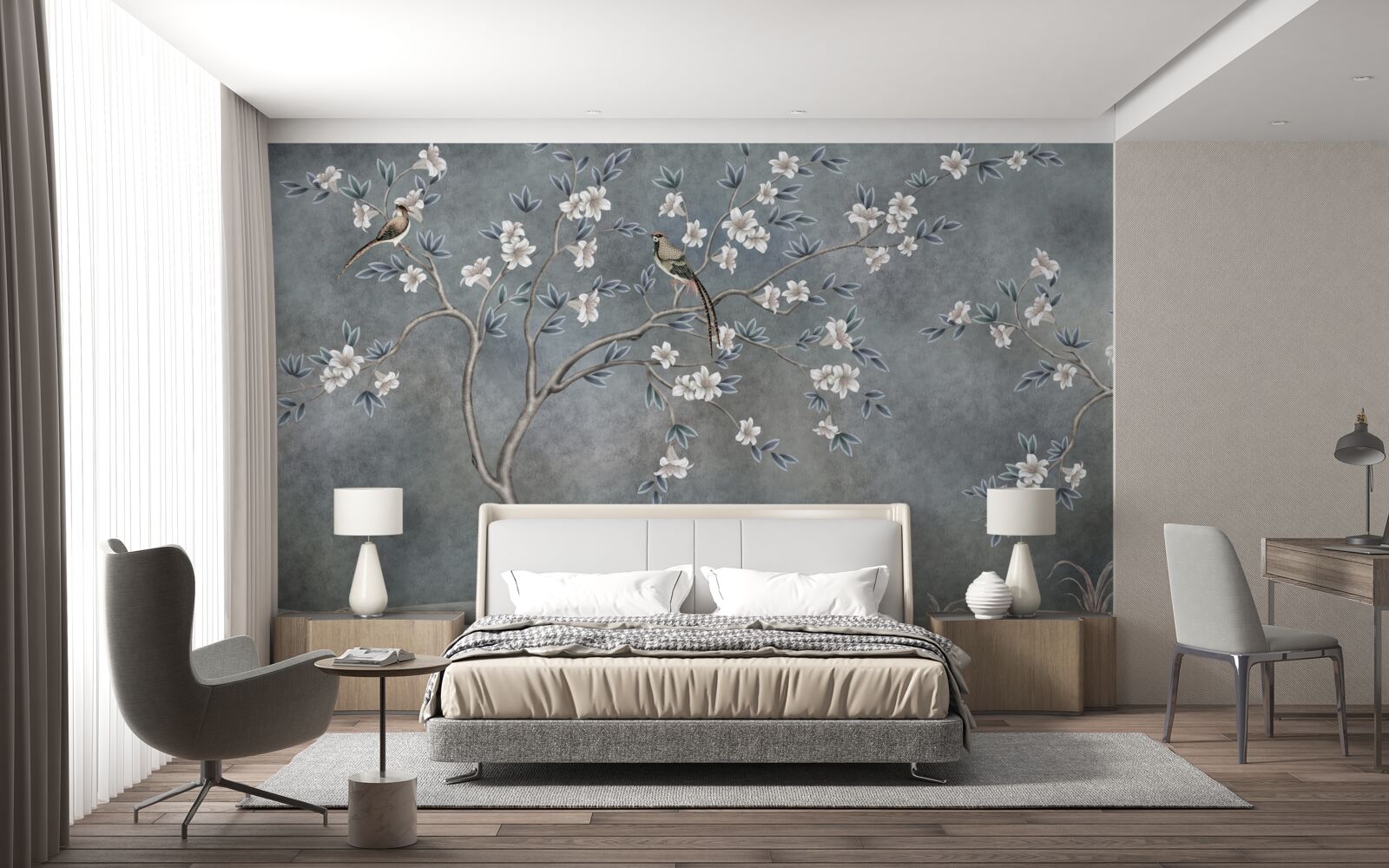 Fototapeta stromčeky s bielymi kvetmi zdobia vtáčiky