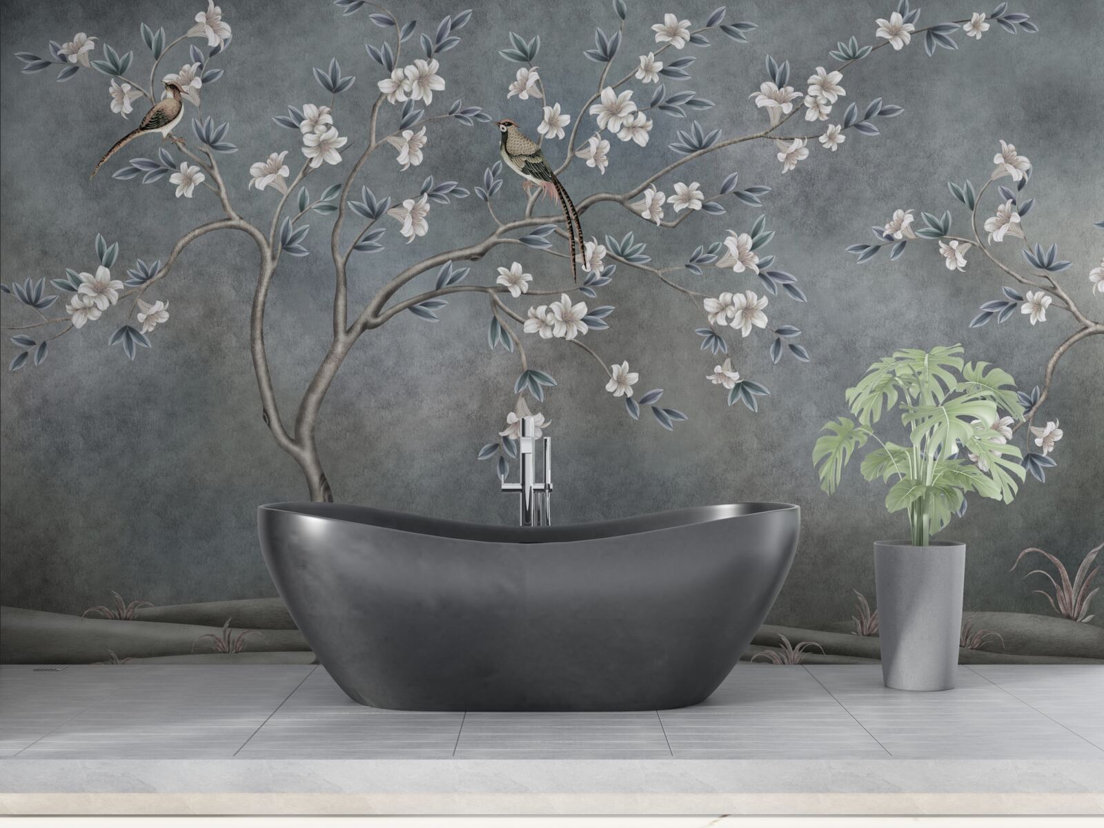 Fototapeta stromčeky s bielymi kvetmi zdobia vtáčiky