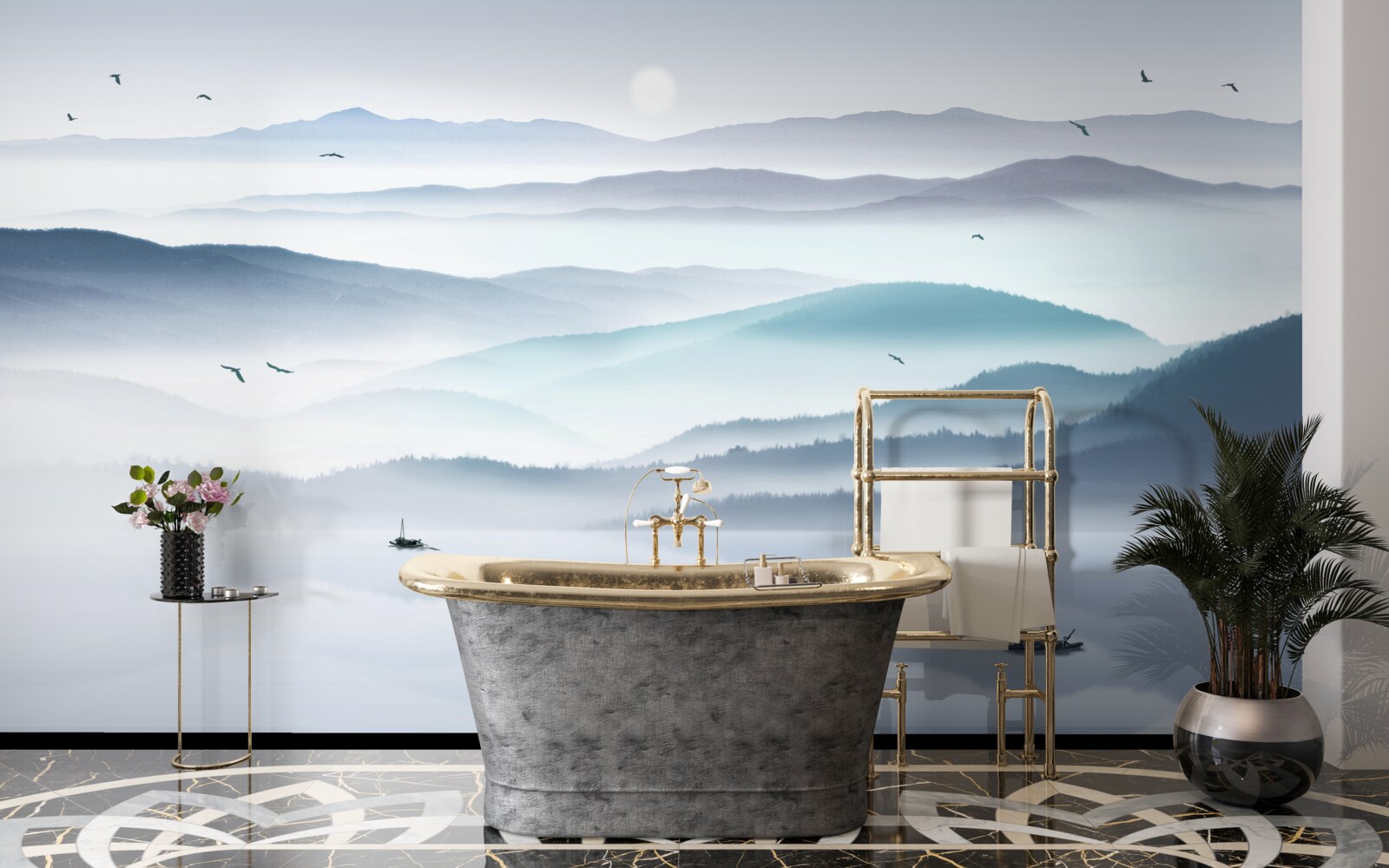 Fototapeta prichádza hmla, ktorá zahaľuje horskú rieku hustým závojom