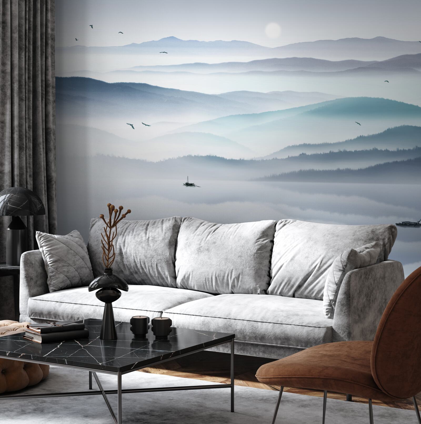 Fototapeta prichádza hmla, ktorá zahaľuje horskú rieku hustým závojom