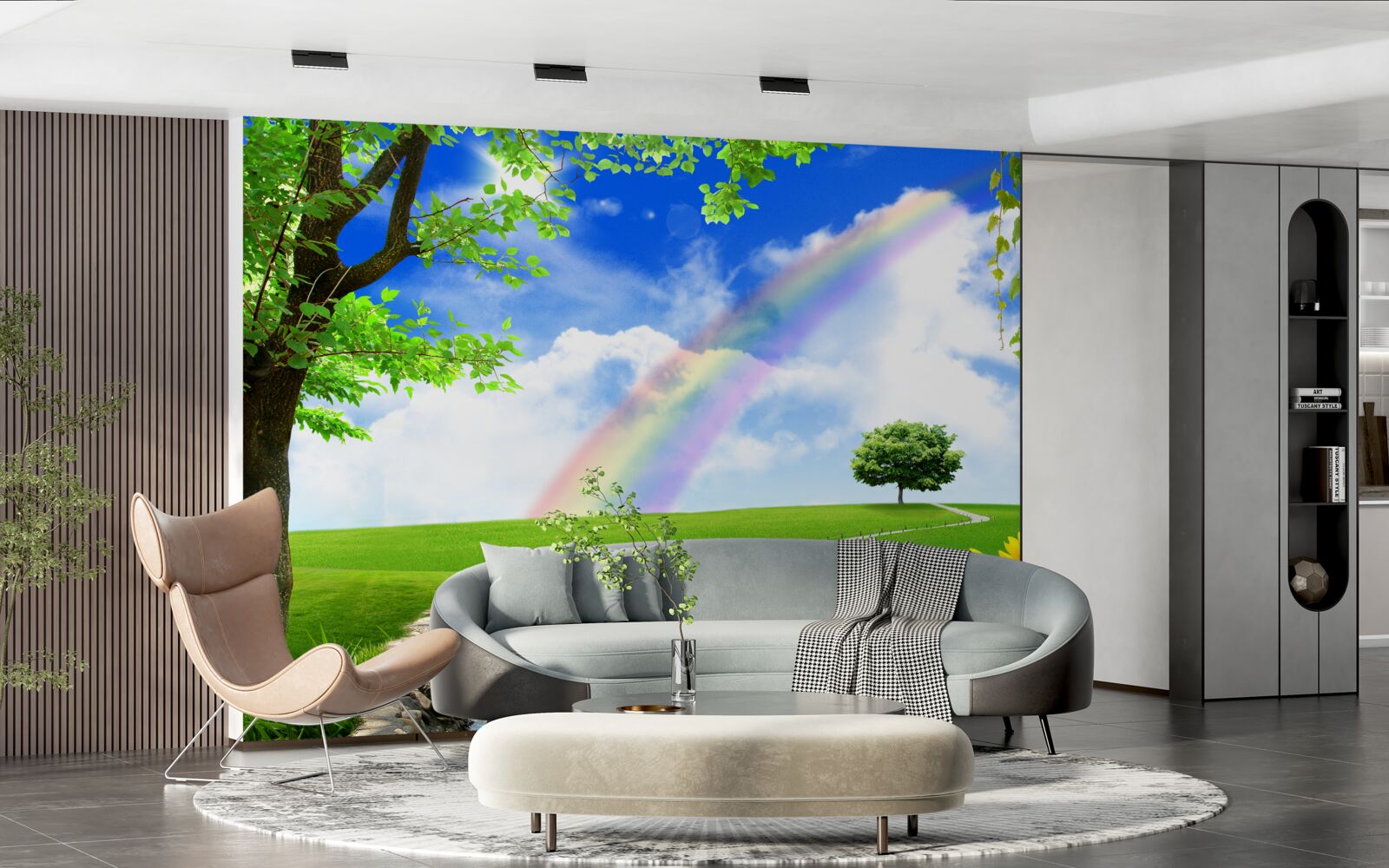 Fototapeta farebná žiara nad zelenou pasekou