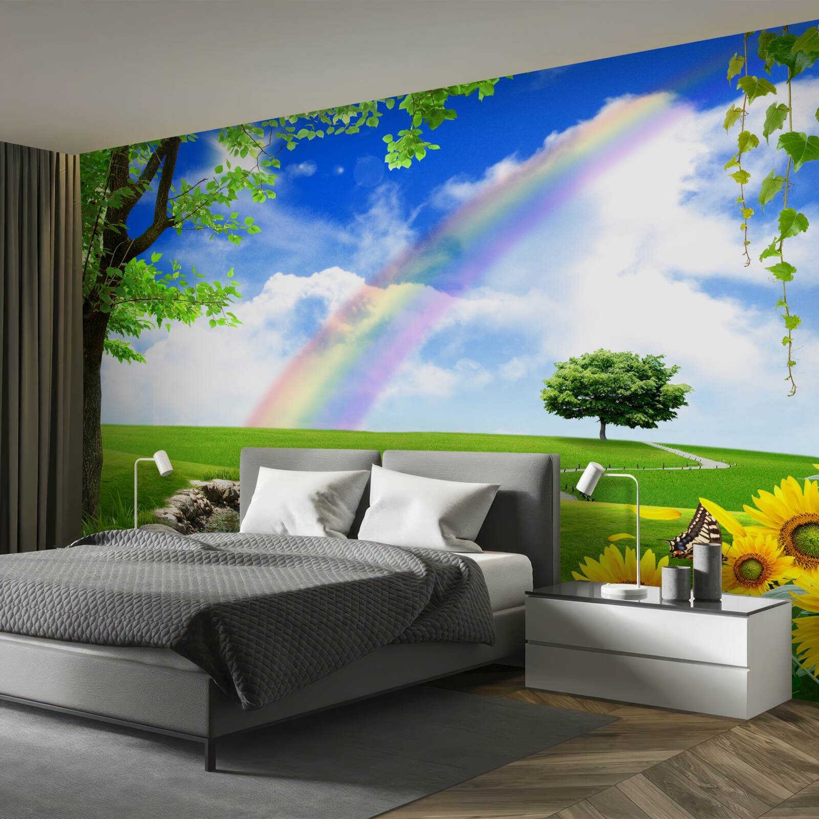 Fototapeta farebná žiara nad zelenou pasekou