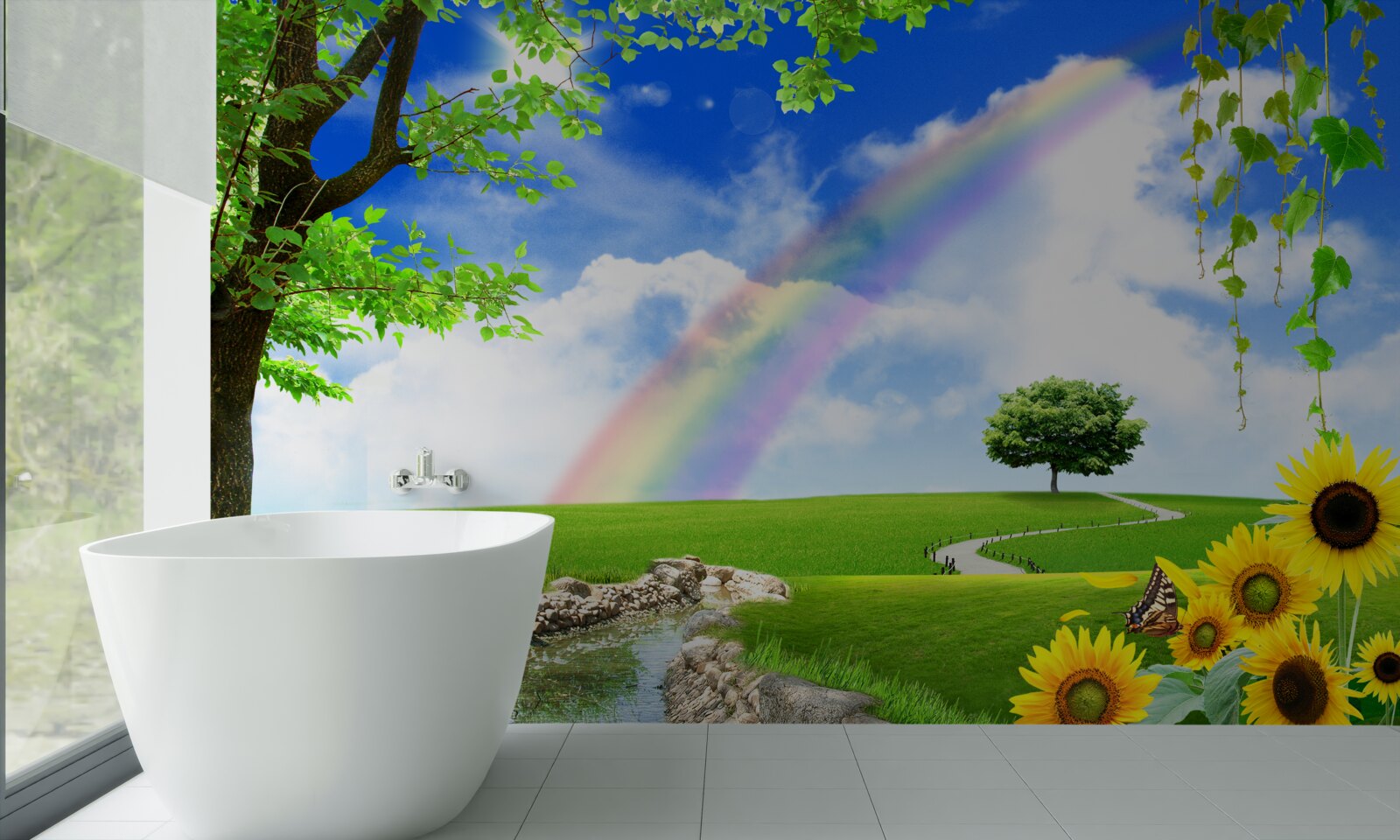 Fototapeta farebná žiara nad zelenou pasekou