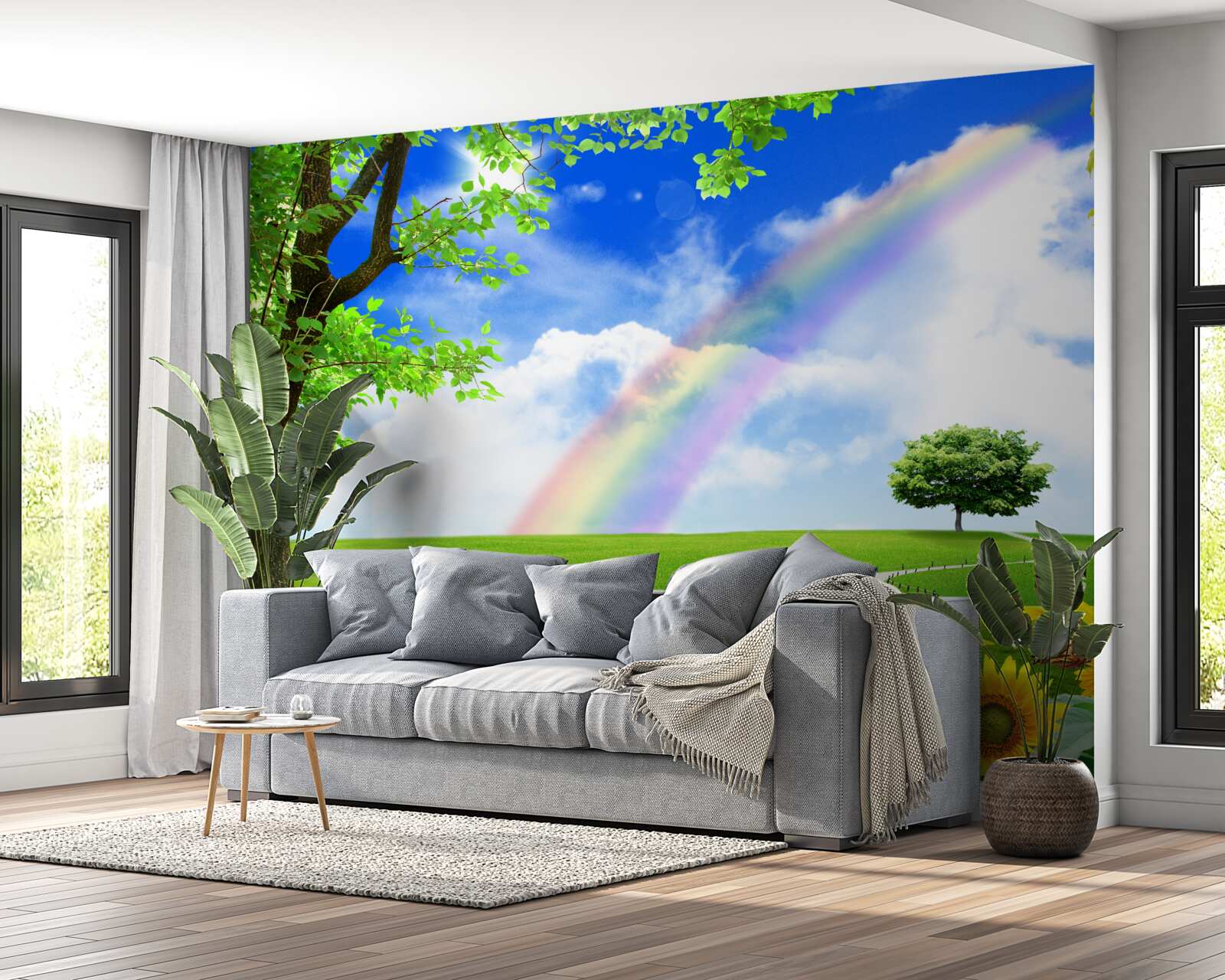 Fototapeta farebná žiara nad zelenou pasekou