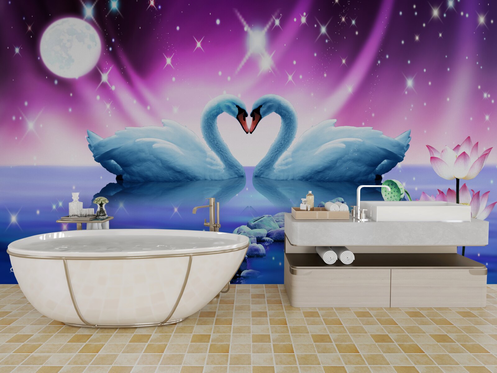 Fototapeta zaľúbené labute tvoria tvar srdca