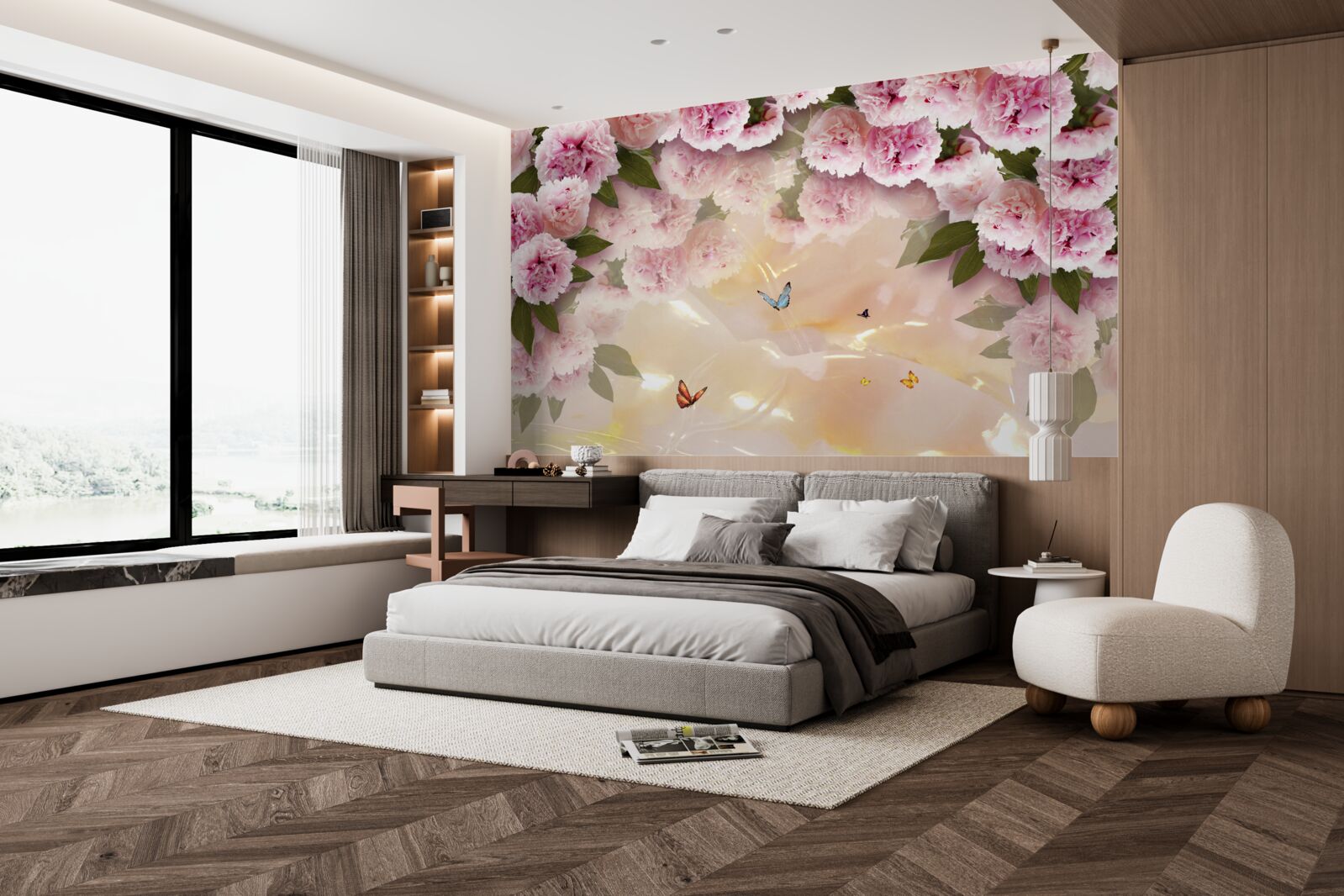 Fototapeta jemné papillony a ružové kvety