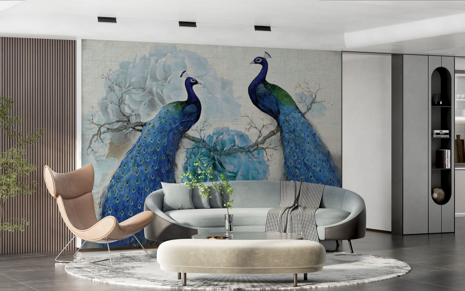 Fototapeta pávy s modrým perím na kvetoch rovnakého odtieňa