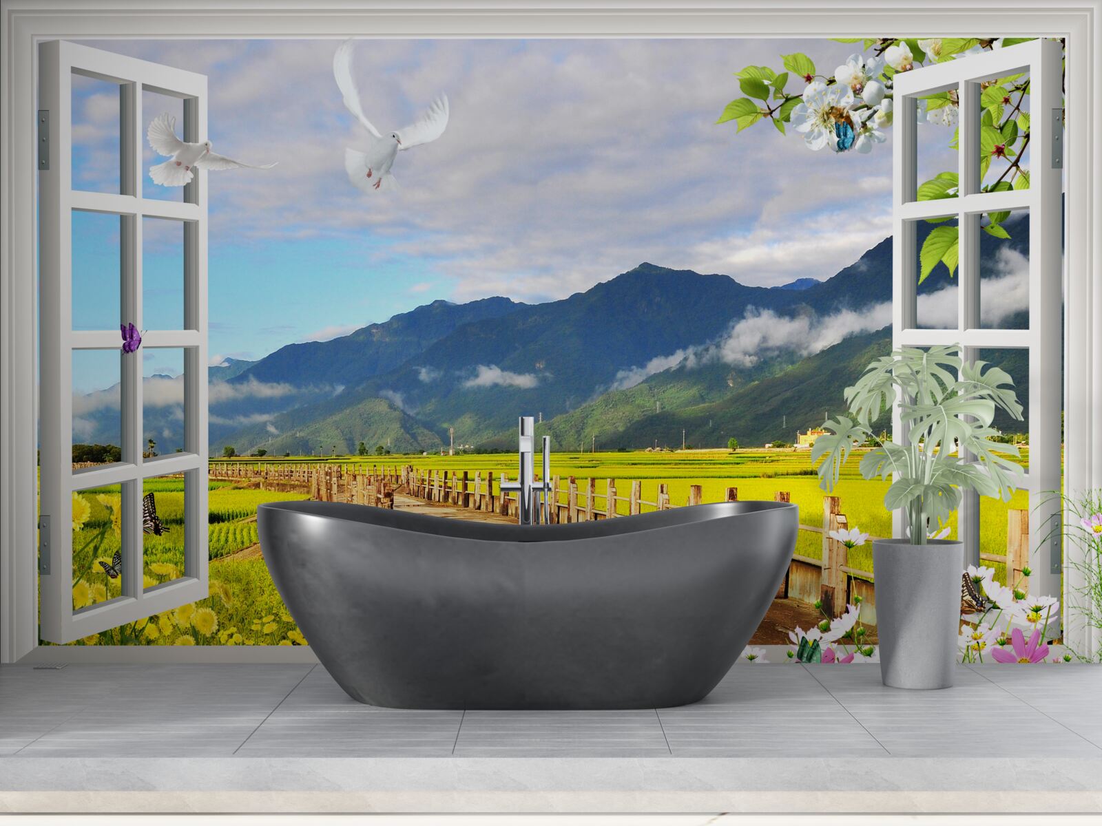 Fototapeta pohľad z okna na panorámu hôr