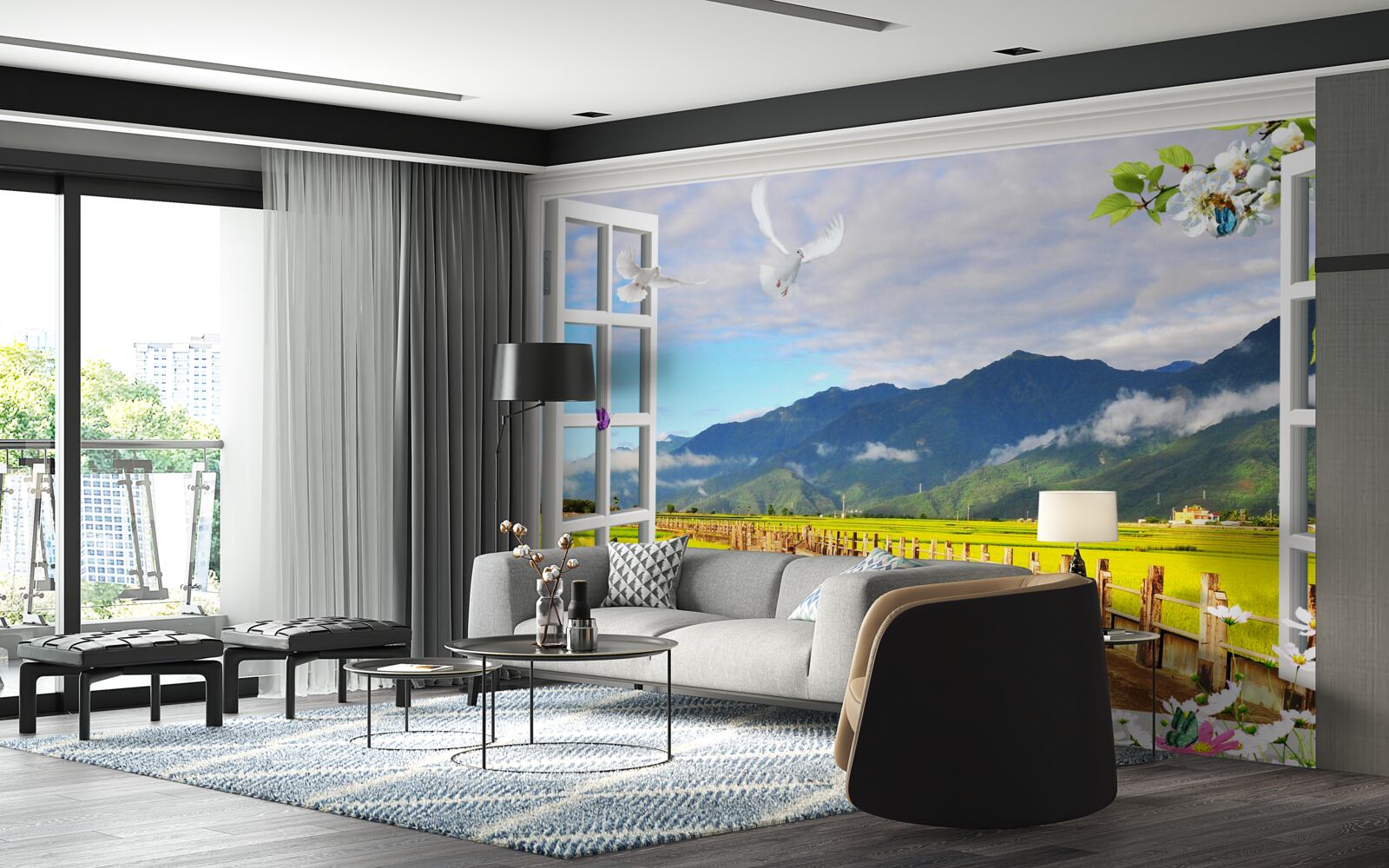 Fototapeta pohľad z okna na panorámu hôr