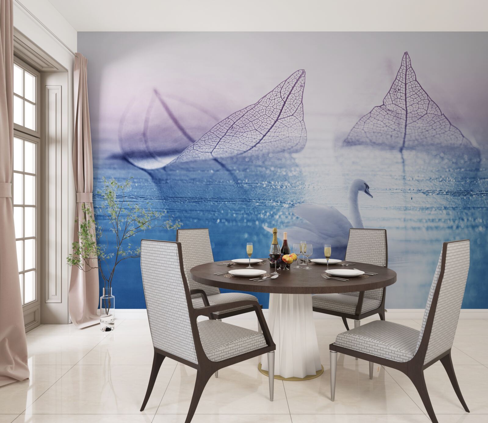 Fototapeta Pokojnú vodu zdobí snehovo biela labuť