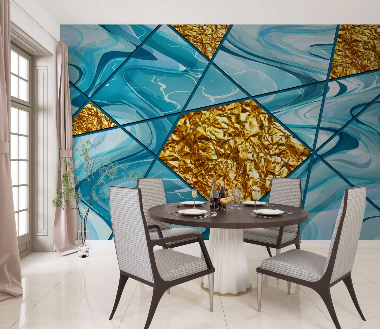 Fototapeta obloha je modrá a rozmazaná, zdobená zlatými akcentmi