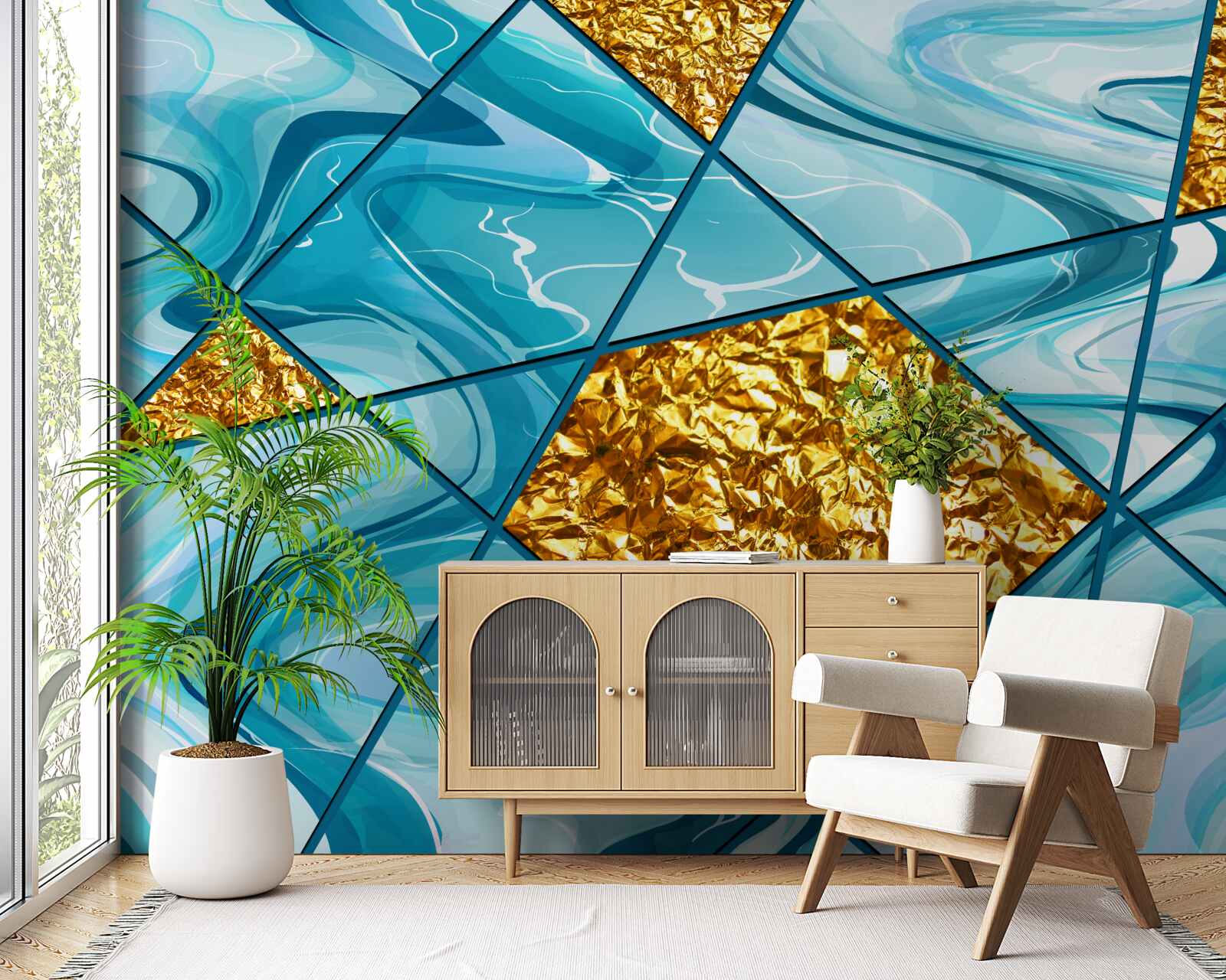 Fototapeta obloha je modrá a rozmazaná, zdobená zlatými akcentmi