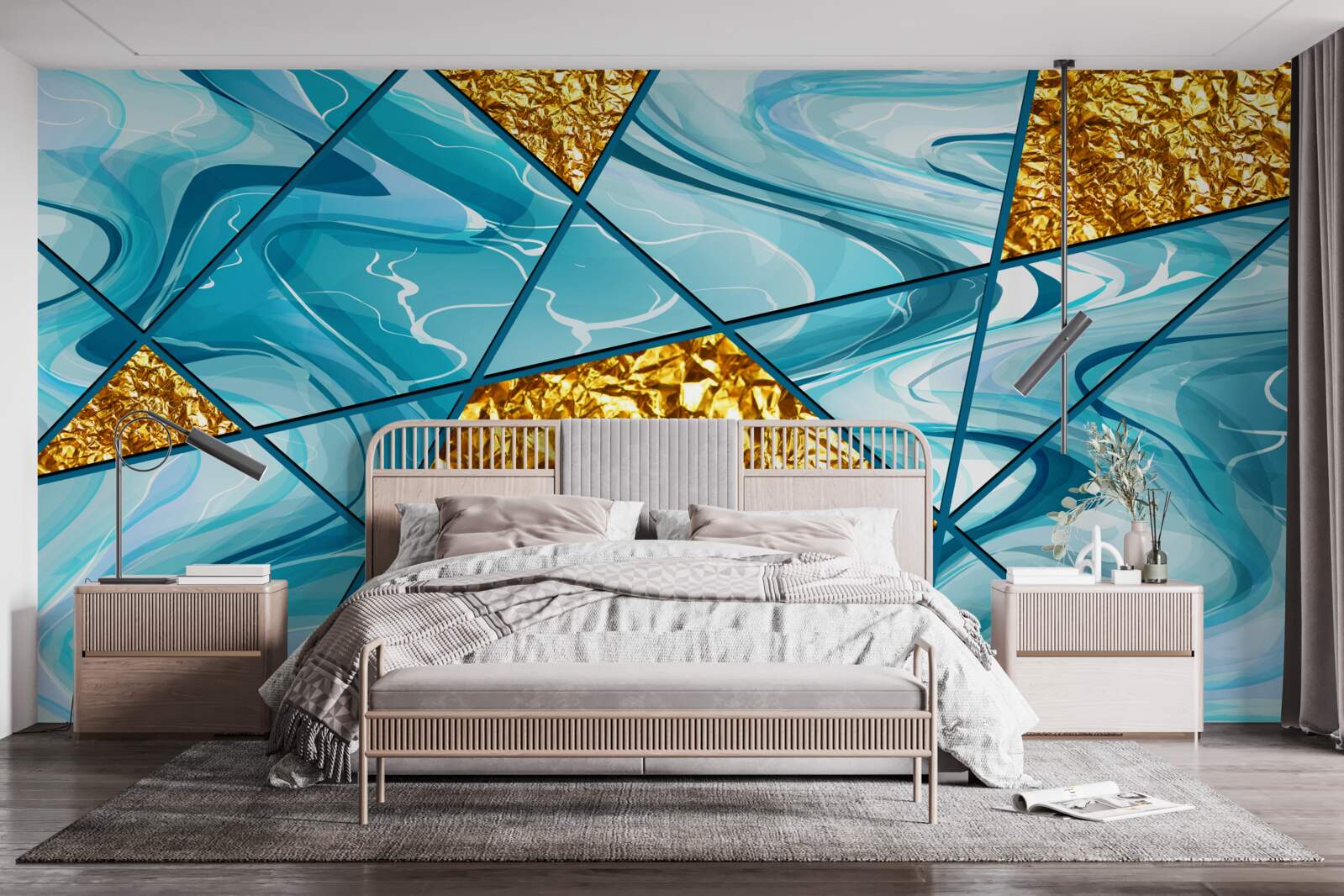 Fototapeta obloha je modrá a rozmazaná, zdobená zlatými akcentmi