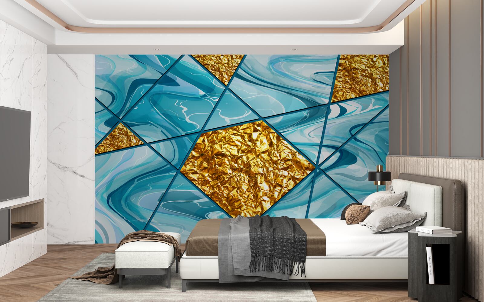 Fototapeta obloha je modrá a rozmazaná, zdobená zlatými akcentmi