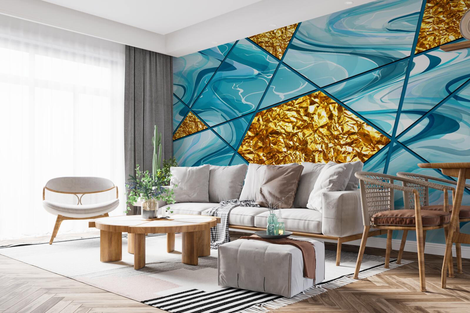 Fototapeta obloha je modrá a rozmazaná, zdobená zlatými akcentmi