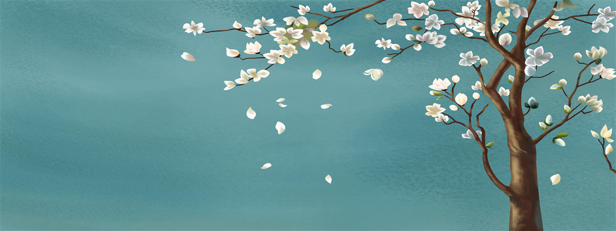 Fototapeta tyrkysový podklad zdobí rozkvitnutý stromček