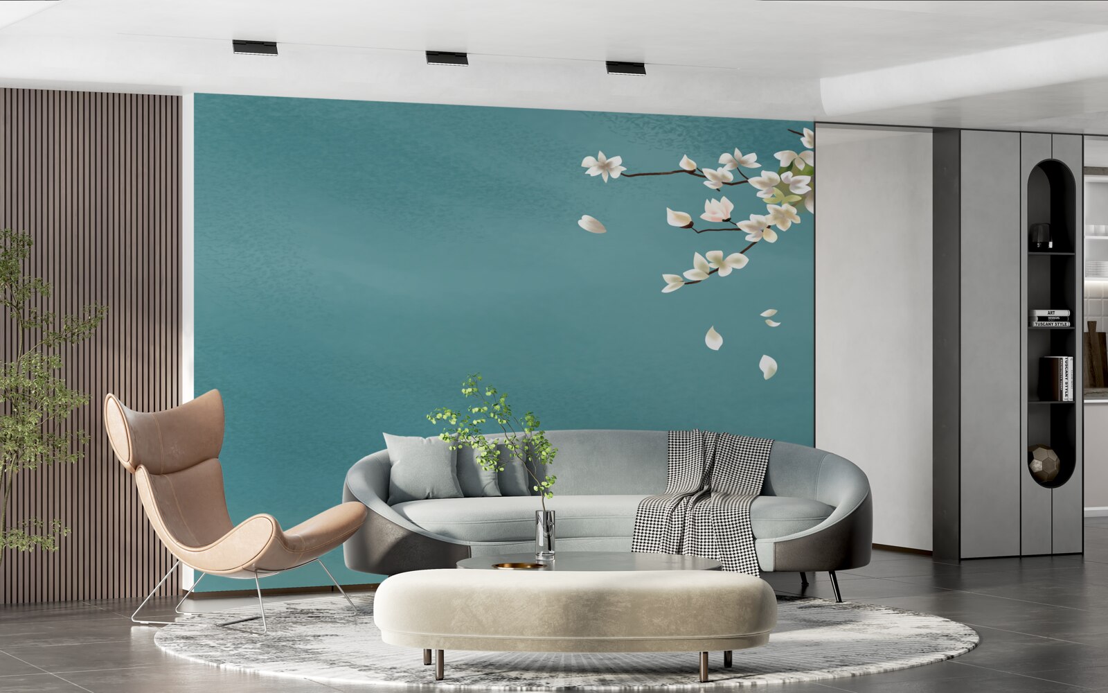 Fototapeta tyrkysový podklad zdobí rozkvitnutý stromček