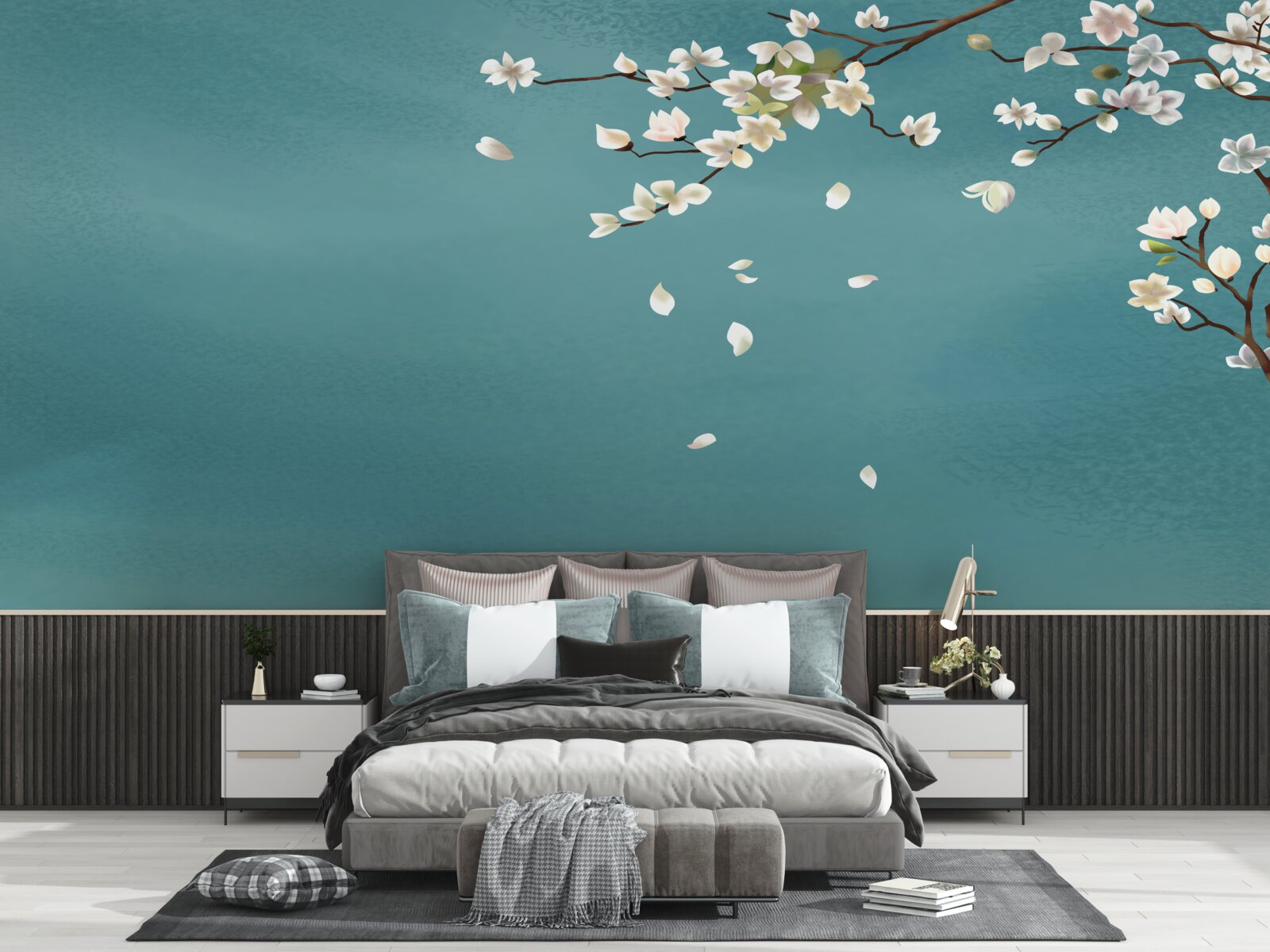 Fototapeta tyrkysový podklad zdobí rozkvitnutý stromček